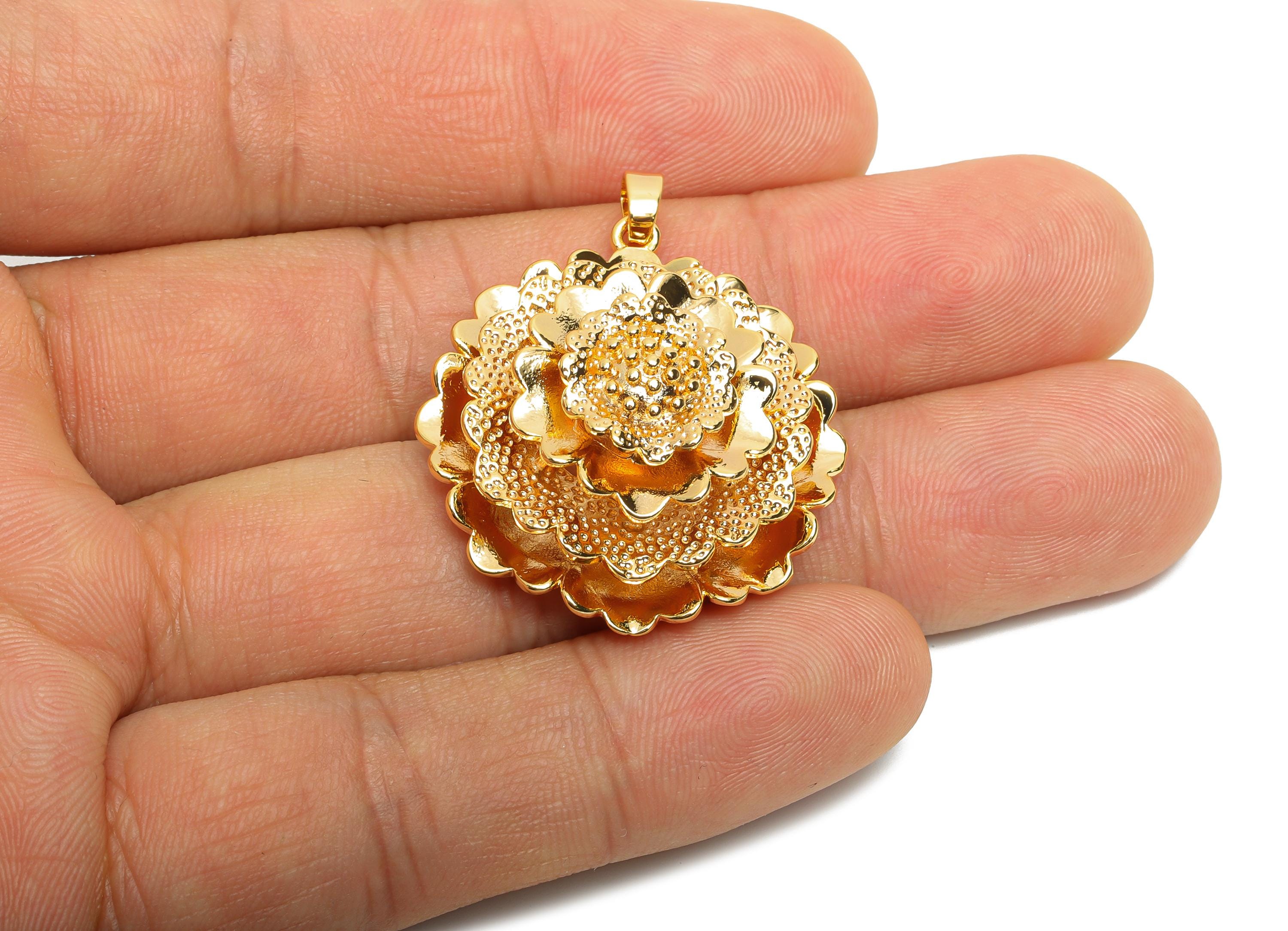 Brass 3D Layered Flower Pendant- Gold Botanical Huge Pendant for Necklace - Statement Jewelry - 18K Real Gold Plated - 36x29x13mm - RGP10507 - DOMEDBAZAAR