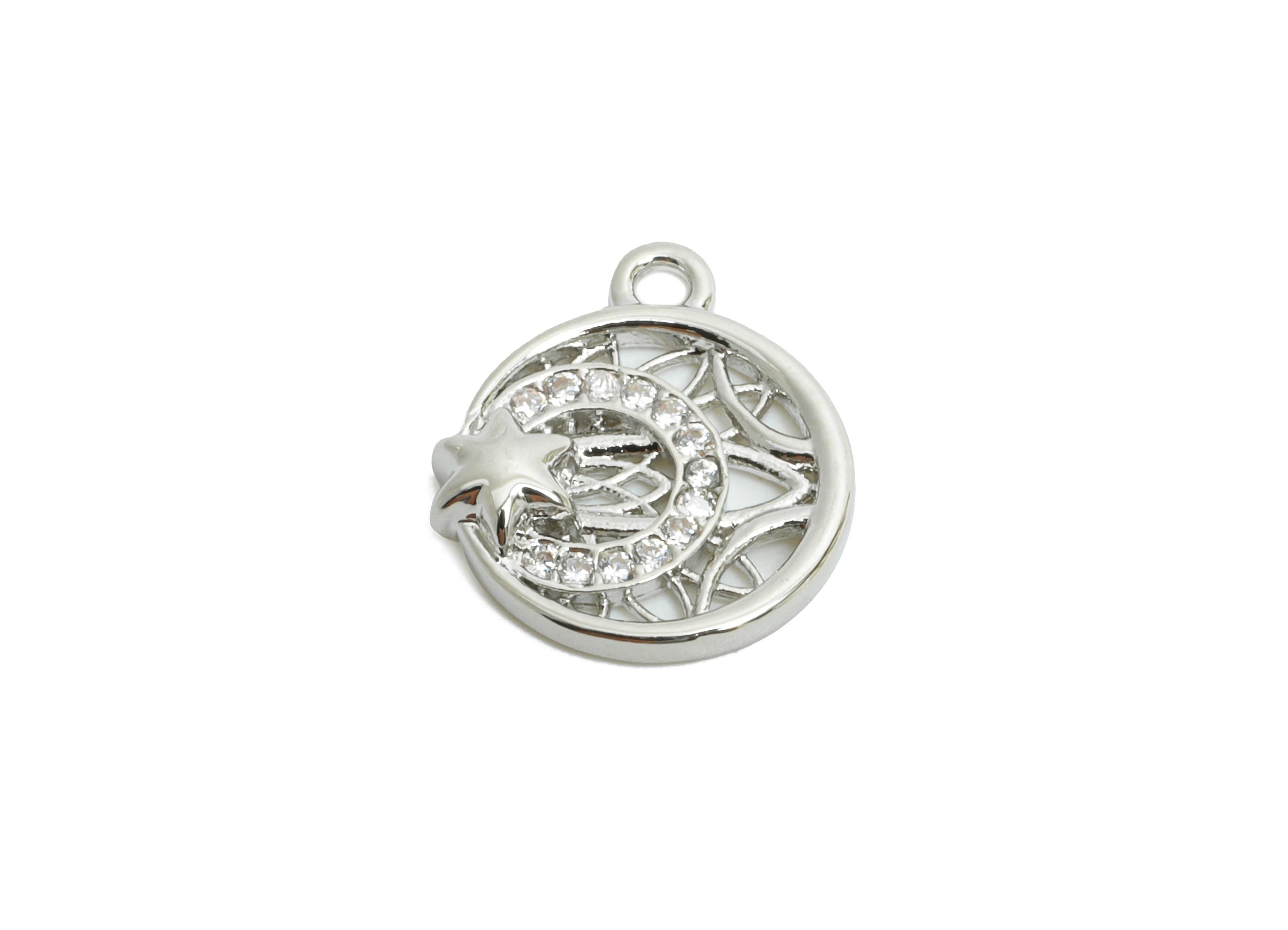 Brass Crescent Star Earring Charm - Shimmering Cubic Zircon Charm - Dazzling Charm - 18K Real White Gold Plated - 12x11x2mm - RGP9888S - DOMEDBAZAAR