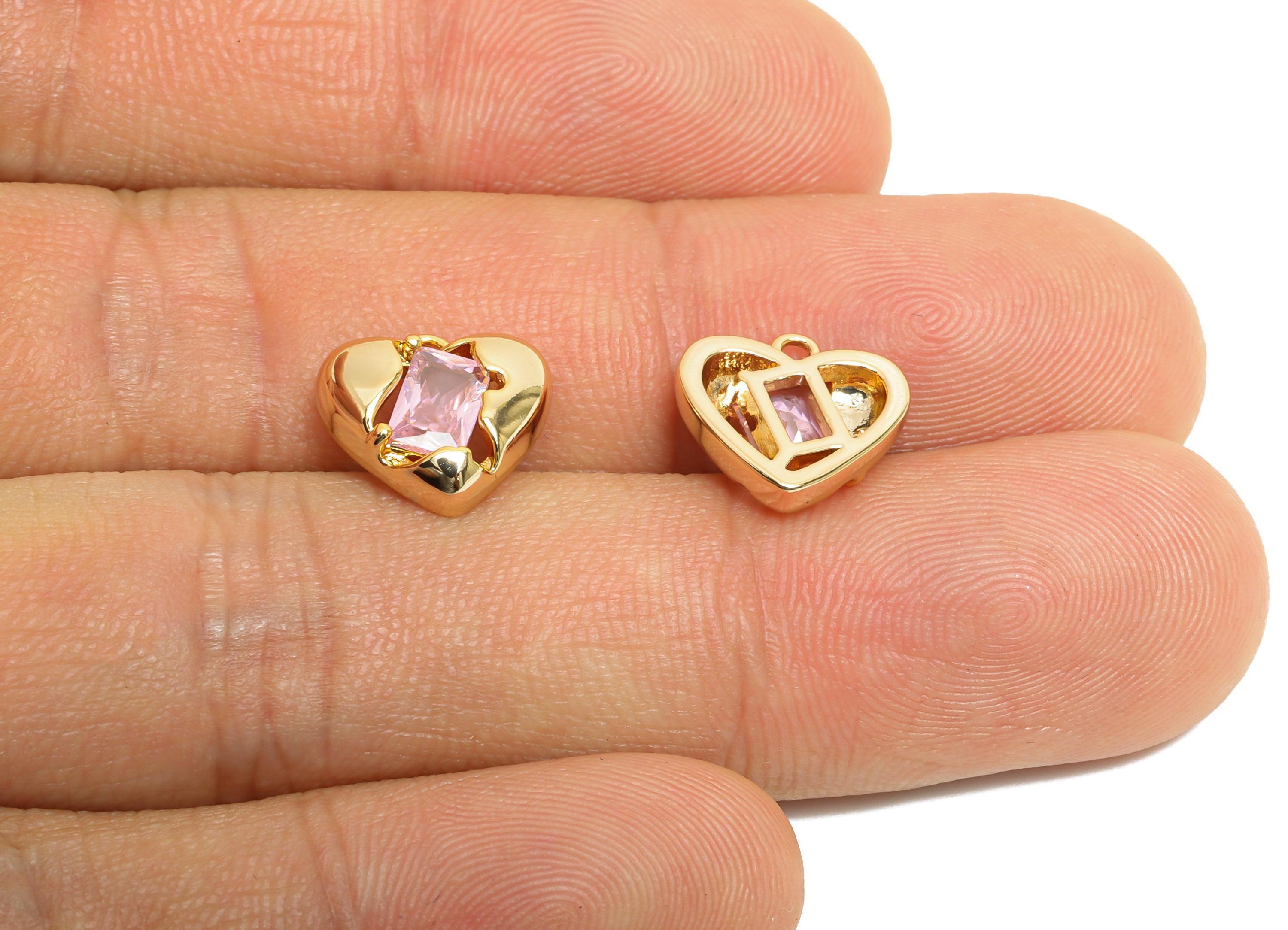 Brass Heart Earring Charm - Sparking Rectangle Faceted Cubic Zircon Charm - Romantic Jewelry - 18K Real Gold Plating - 11x10x3mm - RGP9899 - DOMEDBAZAAR