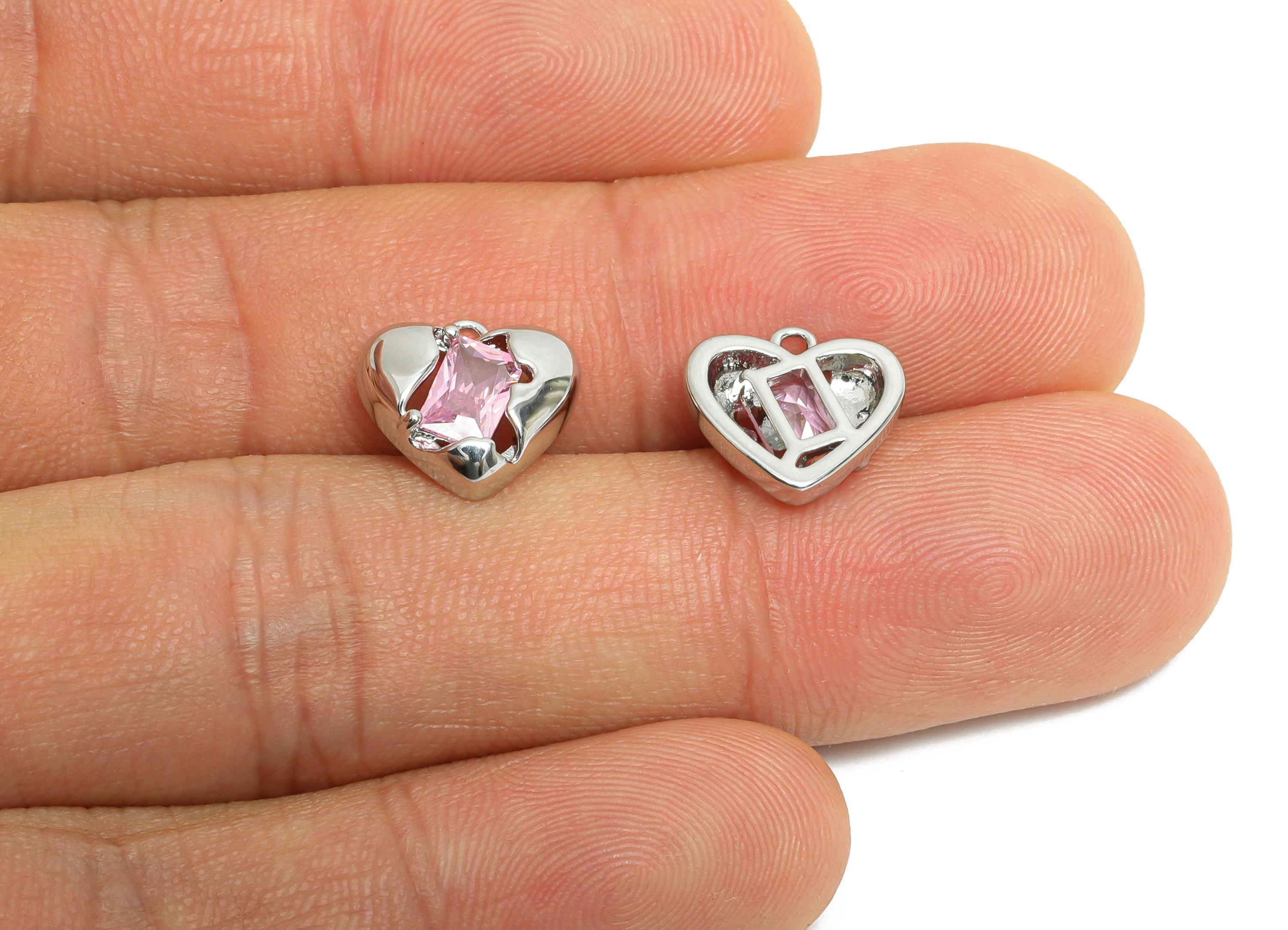 Brass Heart Earring Charm - Sparking Rectangle Cubic Zircon Charm - Romantic Jewelry - 18K Real White Gold Plating - 11x10x3mm - RGP9899S - DOMEDBAZAAR