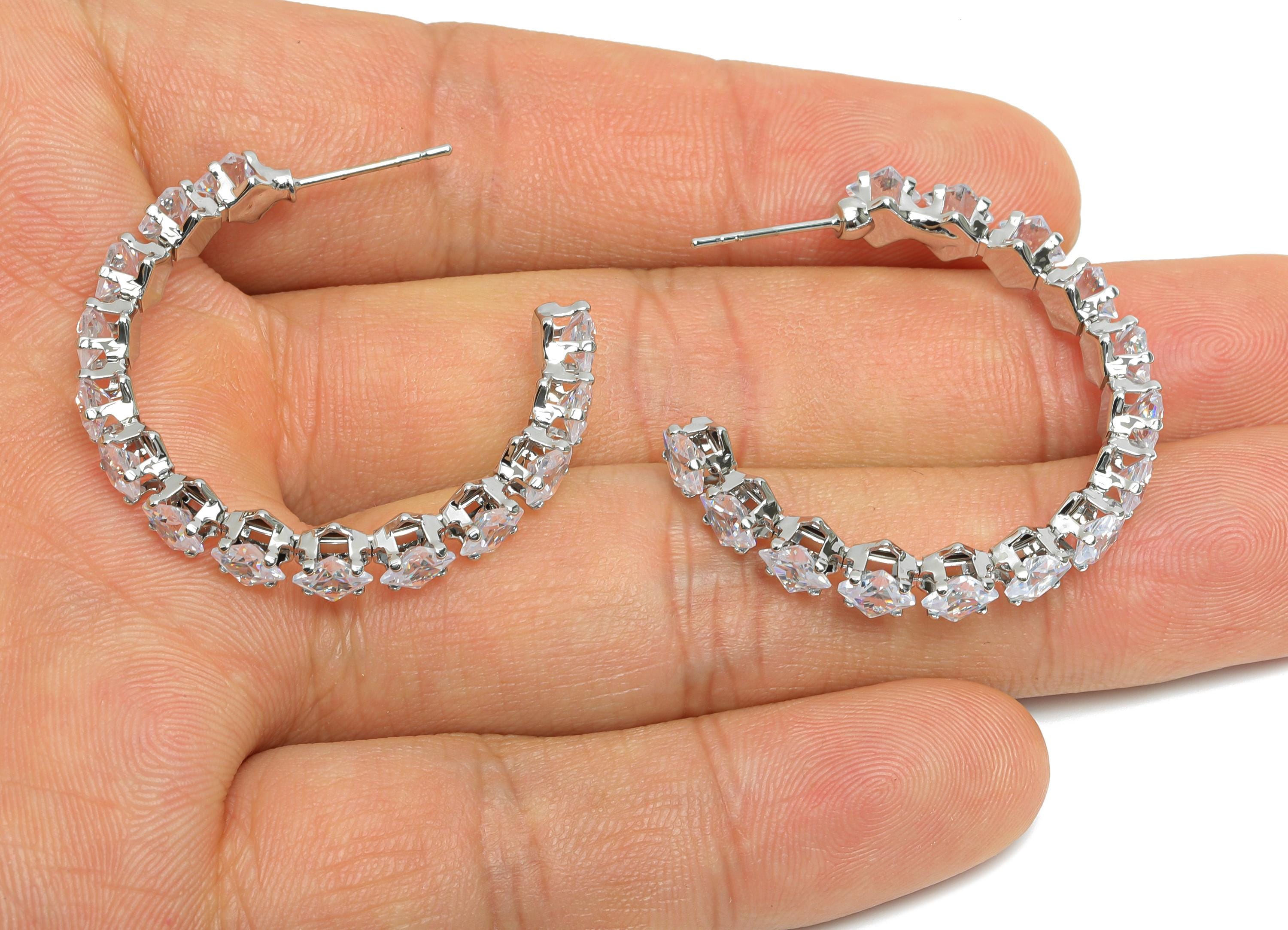 Sparkling C Hoop Post - Inlay Diamond Glass Earring Stud - Luxurious Silver Brass Jewelry - 18K White Gold Plated - 35x30x5.5mm - RGP9948S - DOMEDBAZAAR