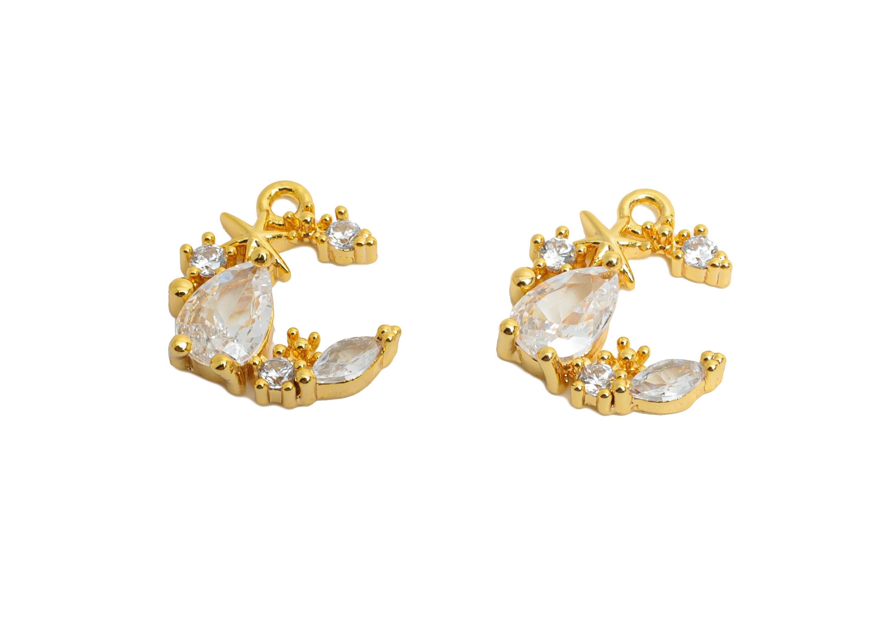 Brass Crescent Earring Charm - Sparking Teardrop Cubic Zircon Charm - Luxury Marquise Pendant - 18K Real Gold Plating - 12x10x3mm - RGP9901 - DOMEDBAZAAR