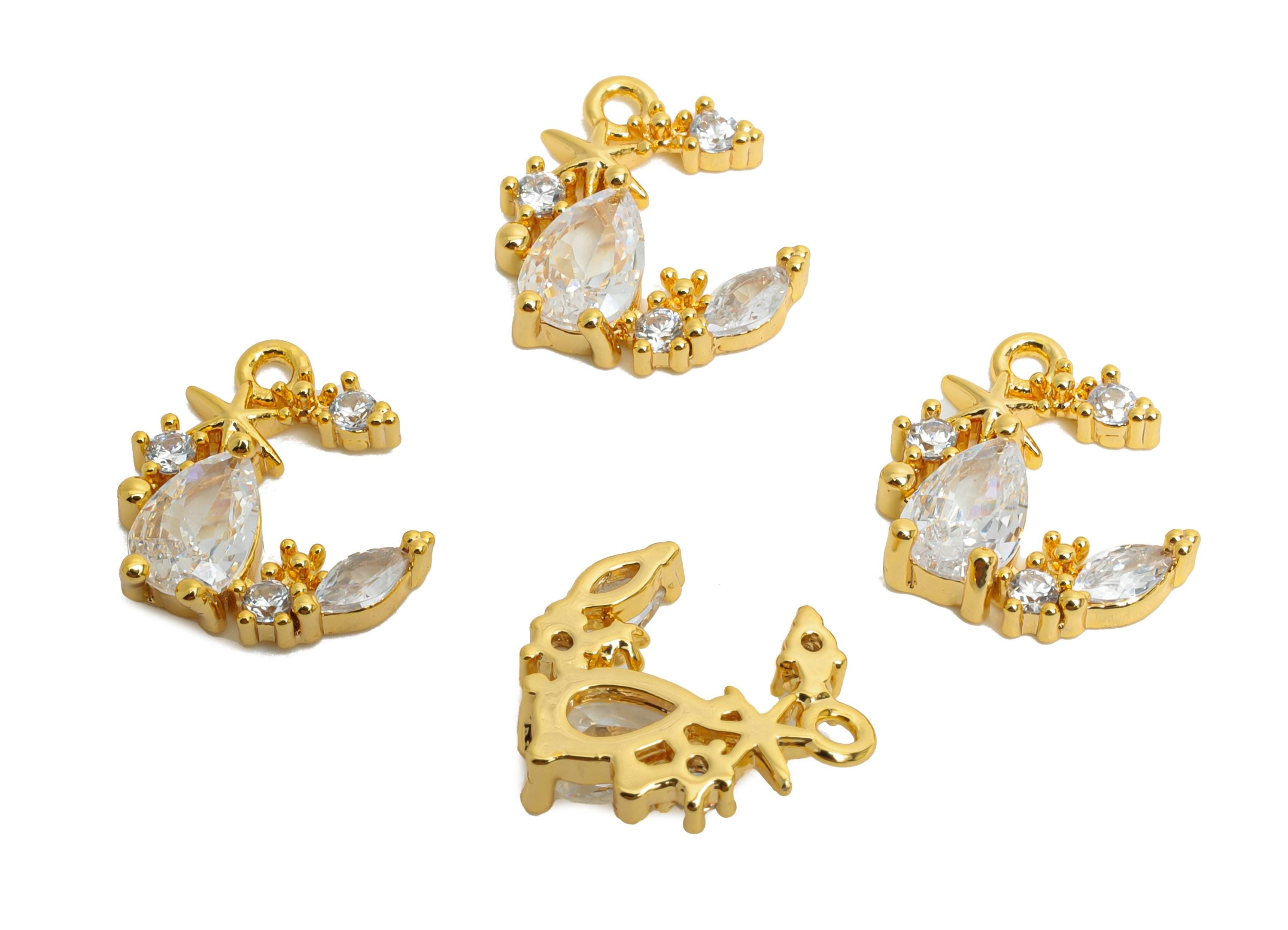 Brass Crescent Earring Charm - Sparking Teardrop Cubic Zircon Charm - Luxury Marquise Pendant - 18K Real Gold Plating - 12x10x3mm - RGP9901 - DOMEDBAZAAR