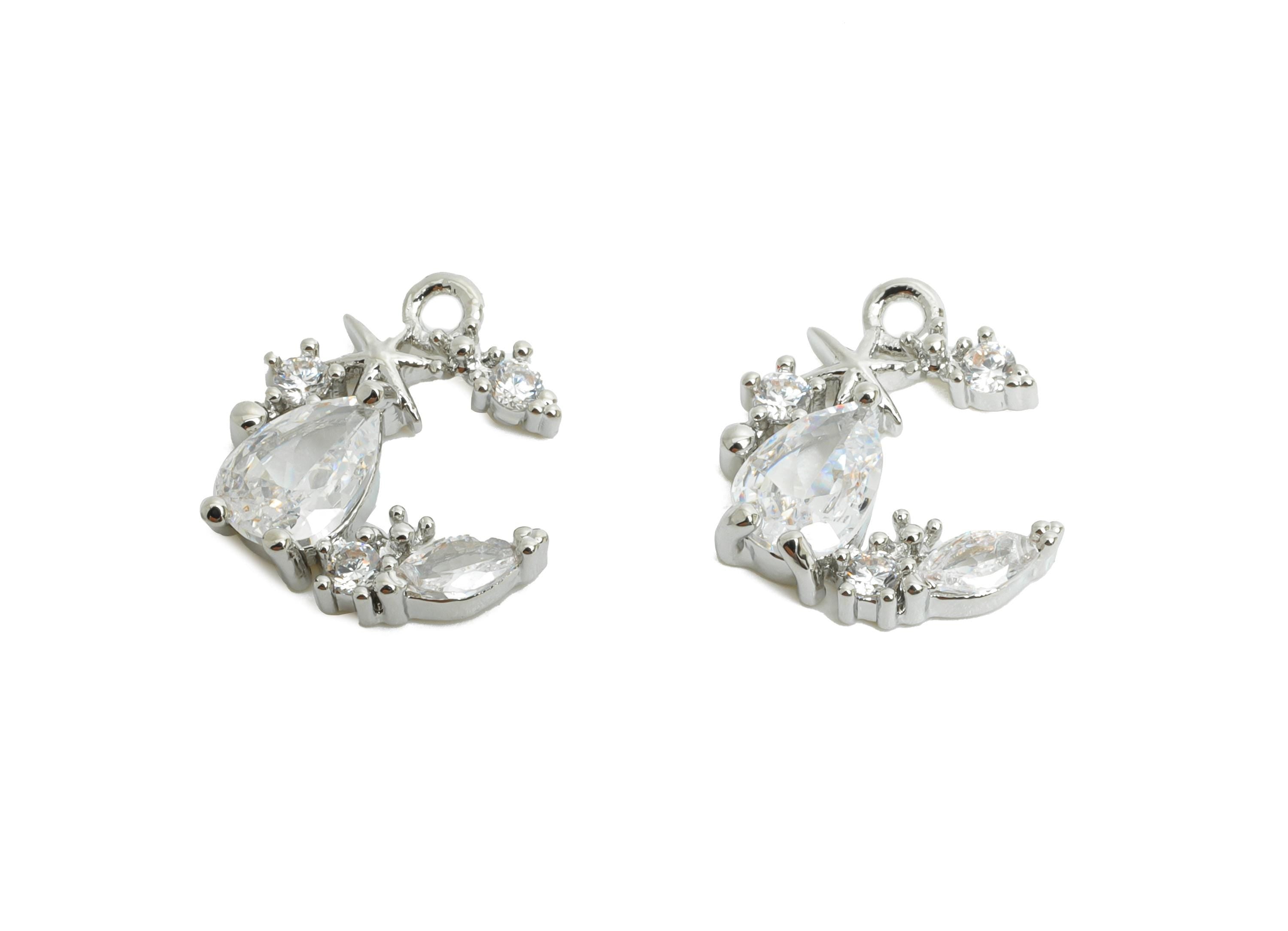 Brass Crescent Earring Charm - Sparking Teardrop Cubic Zircon Charm - Marquise Pendant - 18K Real White Gold Plating - 12x10x3mm - RGP9901S - DOMEDBAZAAR