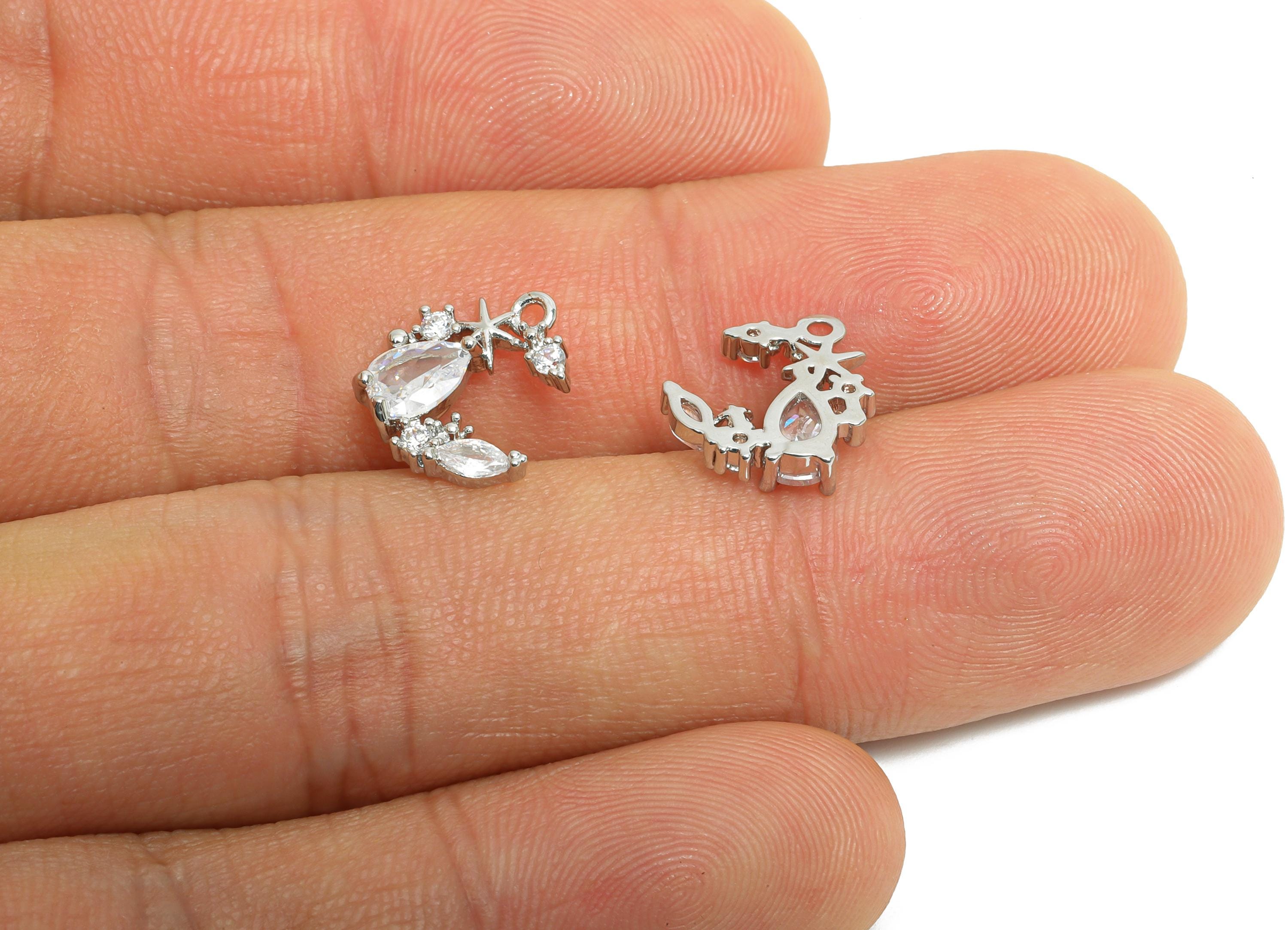 Brass Crescent Earring Charm - Sparking Teardrop Cubic Zircon Charm - Marquise Pendant - 18K Real White Gold Plating - 12x10x3mm - RGP9901S - DOMEDBAZAAR