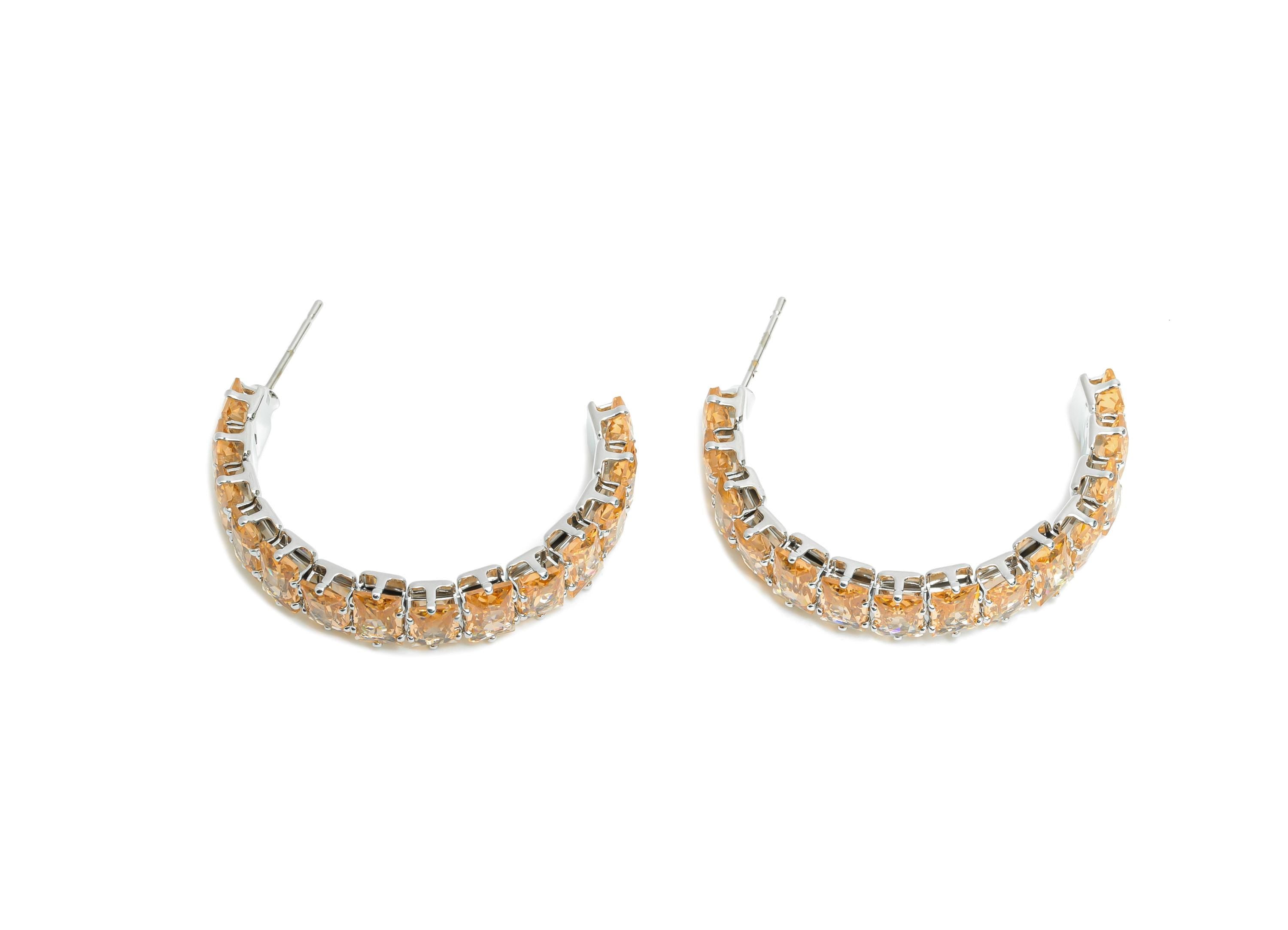 Sparkling C Hoop Post - Inlay Rectangle Rose Gold Glass Earring - Refined Silver Brass Jewelry - 18K White Gold Plated - 35x24x7mm -RGP9951S - DOMEDBAZAAR