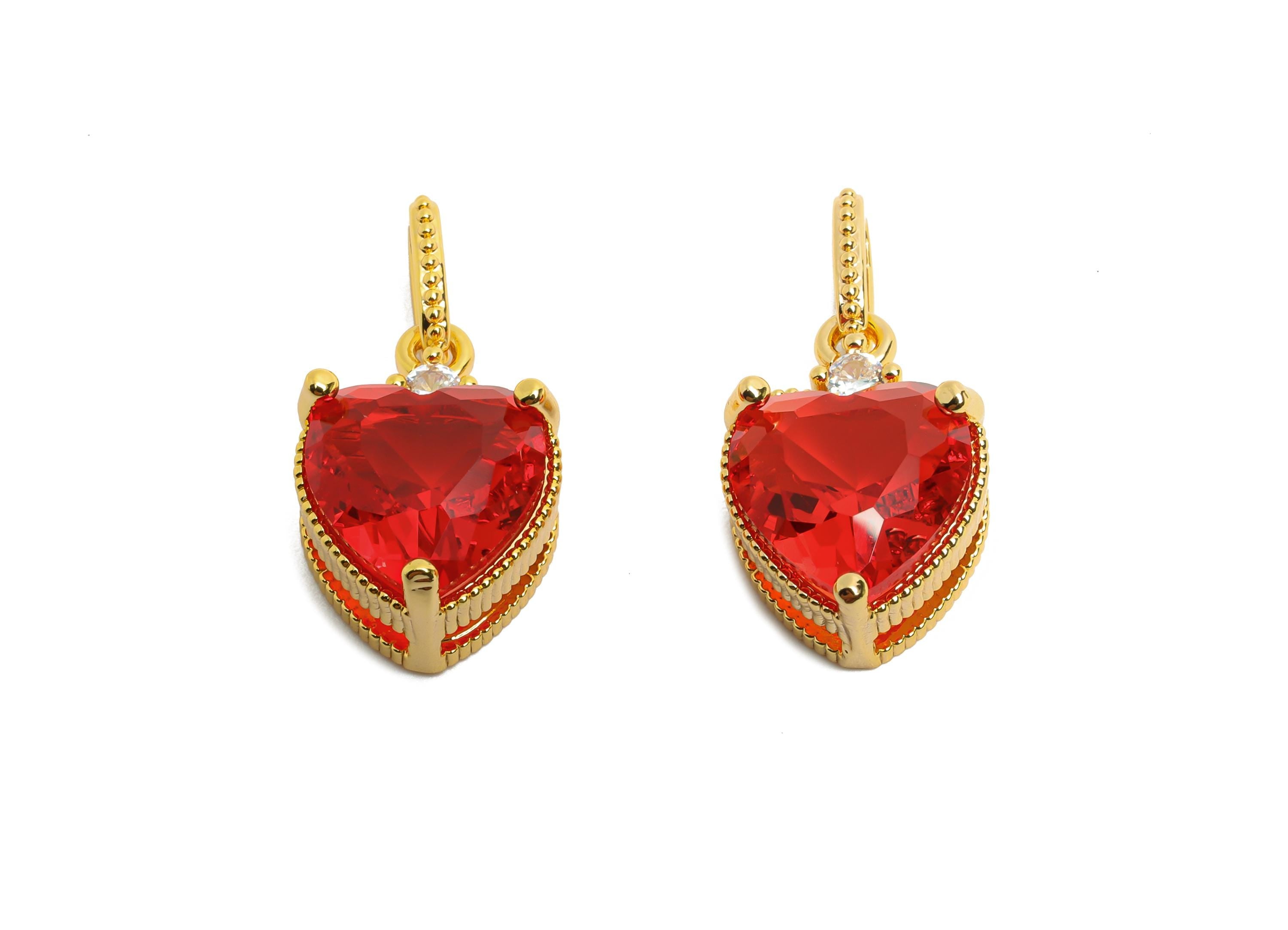 Brass Heart Crystal Pendant- Elegant Red Heart Zircon Necklace Pendant - Romantic Jewelry - 18K Real Gold Plated - 21.5x11x7.5mm - RGP10489 - DOMEDBAZAAR