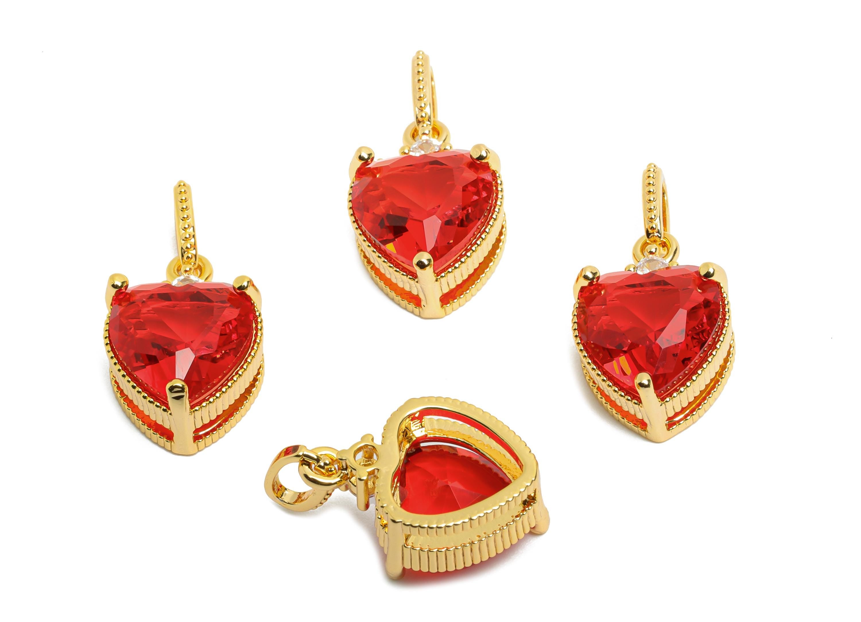 Brass Heart Crystal Pendant- Elegant Red Heart Zircon Necklace Pendant - Romantic Jewelry - 18K Real Gold Plated - 21.5x11x7.5mm - RGP10489 - DOMEDBAZAAR