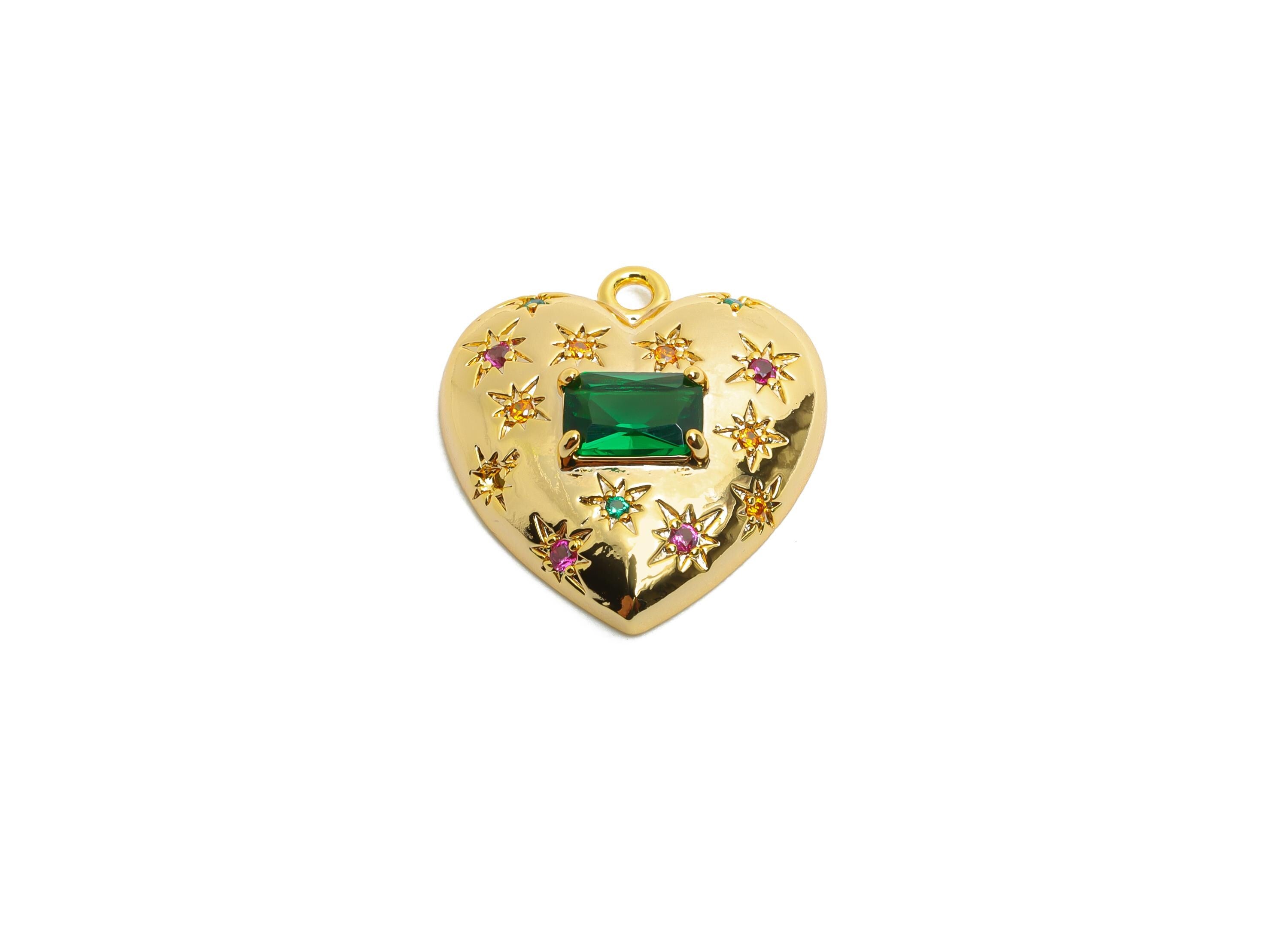 Brass Heart Crystal Charm - Sparkling Green Rectangle Crystal Charm - Refined Heart Jewelry - 18K Real Gold Plated - 18x16.6x4.8mm -RGP10487 - DOMEDBAZAAR