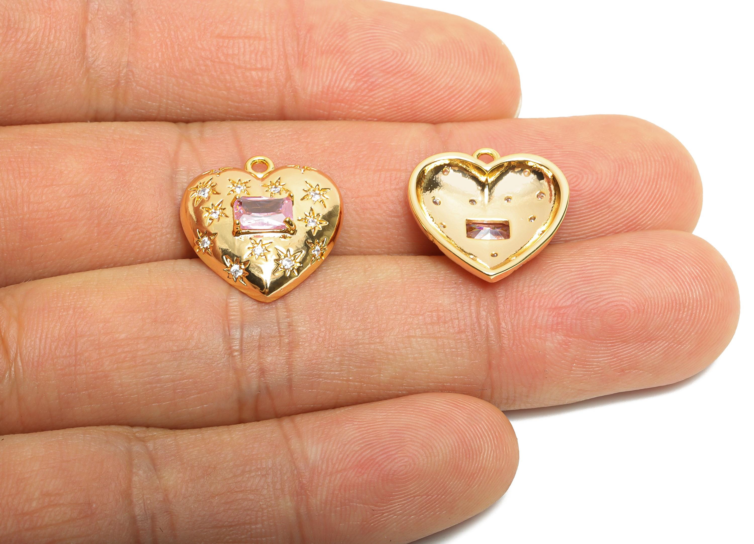 Brass Heart Crystal Charm - Sparkling Pink Rectangle Crystal Charm - Refined Heart Jewelry - 18K Real Gold Plated - 18x16.6x4.8mm - RGP10486 - DOMEDBAZAAR