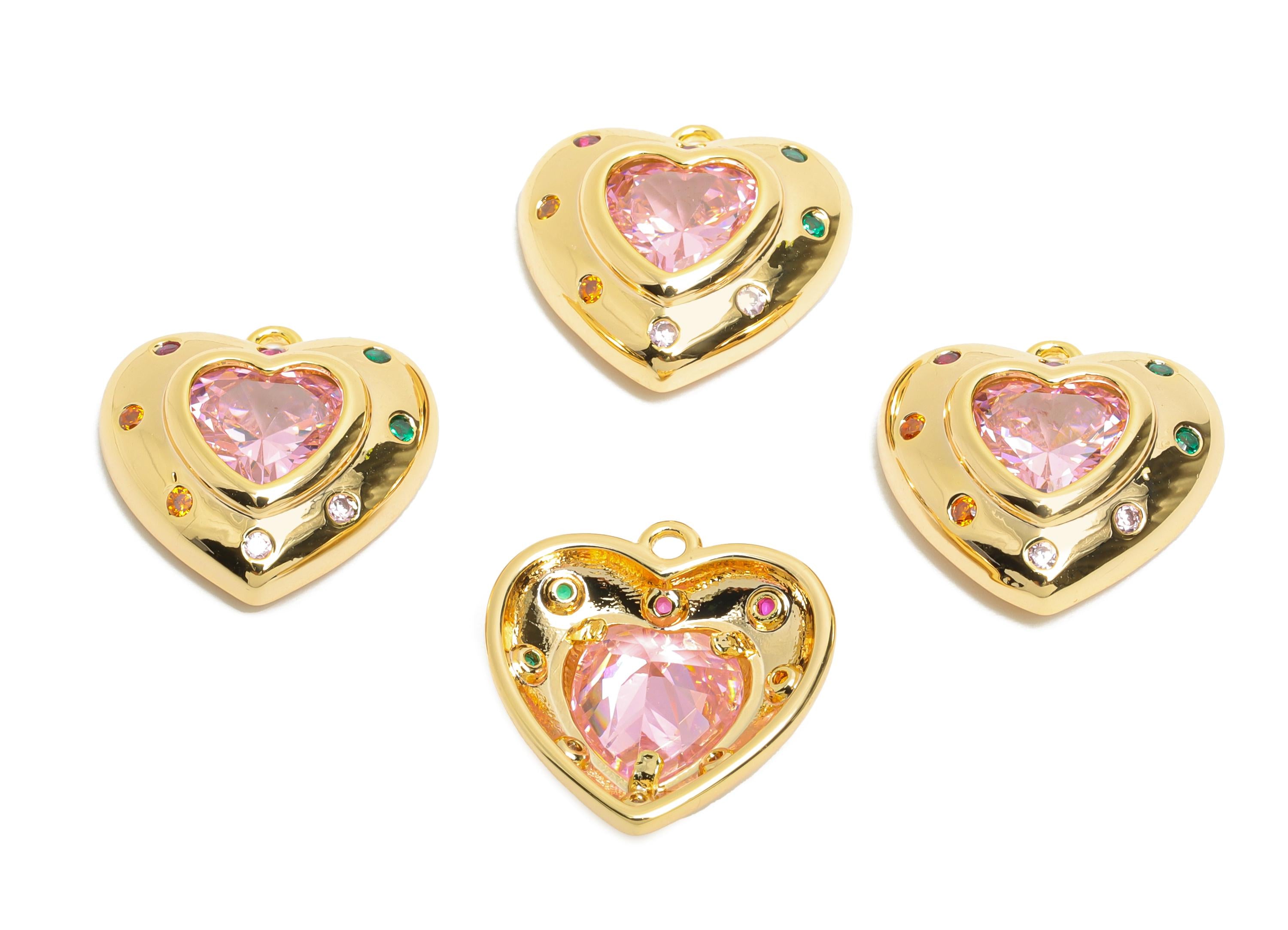 Brass Heart Crystal Charms - Sparkling Pink Heart Zircon Charms - Elegant Jewelry Making - 18K Real Gold Plated - 16x15.9x4.75mm - RGP10501 - DOMEDBAZAAR