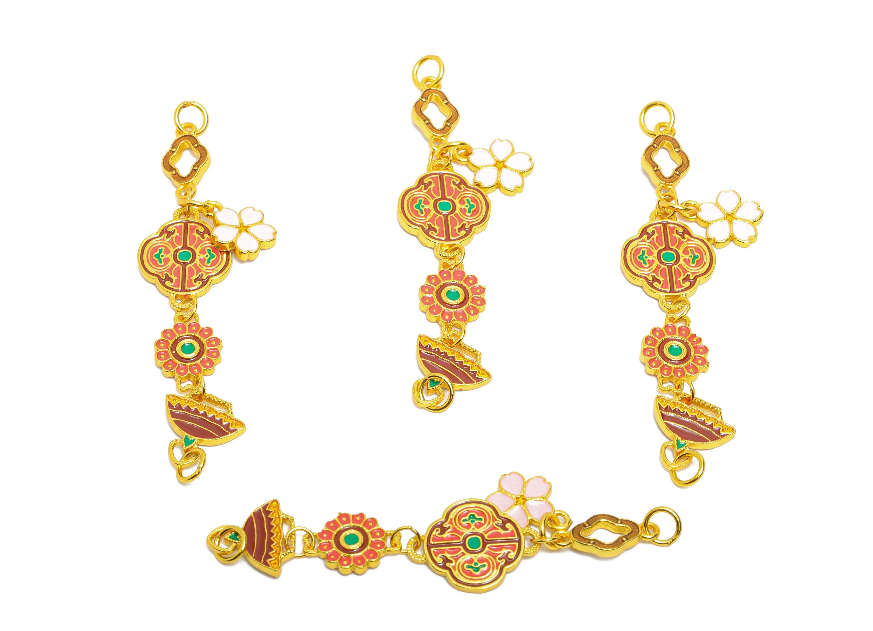 Brass Enamel Charms for Necklace or Bracelet - Colorful Handcrafted Accent Charms for Jewelry - 24k Gold Plated - 46x9.7x1mm - RGP10726 - DOMEDBAZAAR