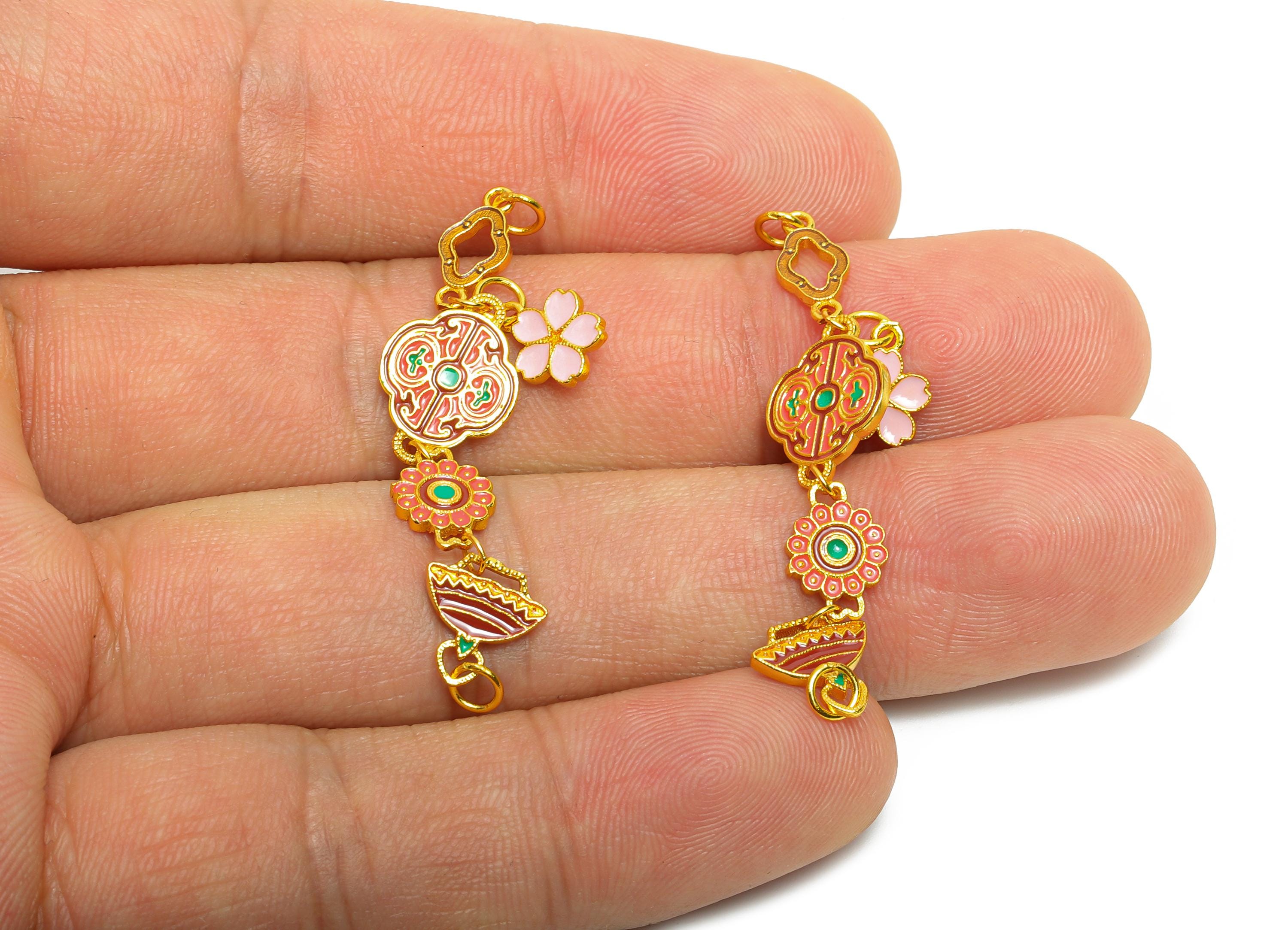 Brass Enamel Charms for Necklace or Bracelet - Colorful Handcrafted Accent Charms for Jewelry - 24k Gold Plated - 46x9.7x1mm - RGP10726 - DOMEDBAZAAR