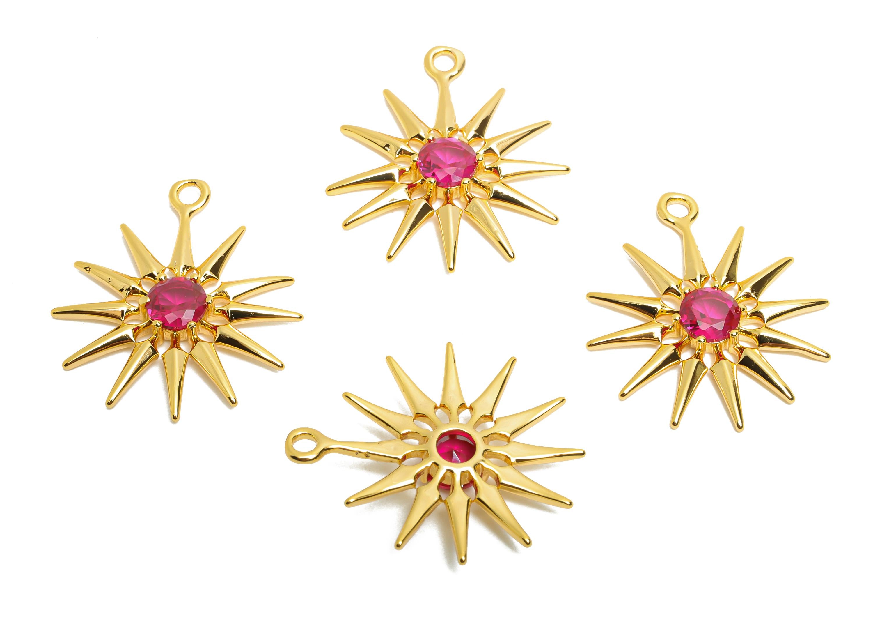 Brass Sunburst Crystal Charms - Luxury Pink Celestial Sun Charms - Dazzling Gold Jewelry - 18K Real Gold Plated - 23.85x19x3.34mm - RGP10473 - DOMEDBAZAAR