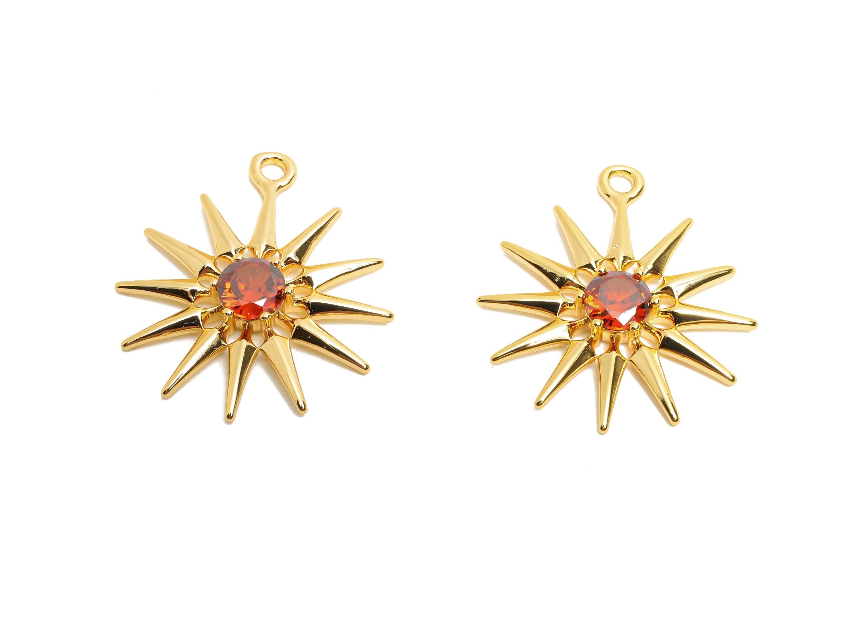 Brass Sunburst Crystal Charms - Sparkling Red Celestial Sun Charms - Luxury Gold Jewelry - 18K Real Gold Plated - 23.85x19x3.34mm - RGP10474 - DOMEDBAZAAR