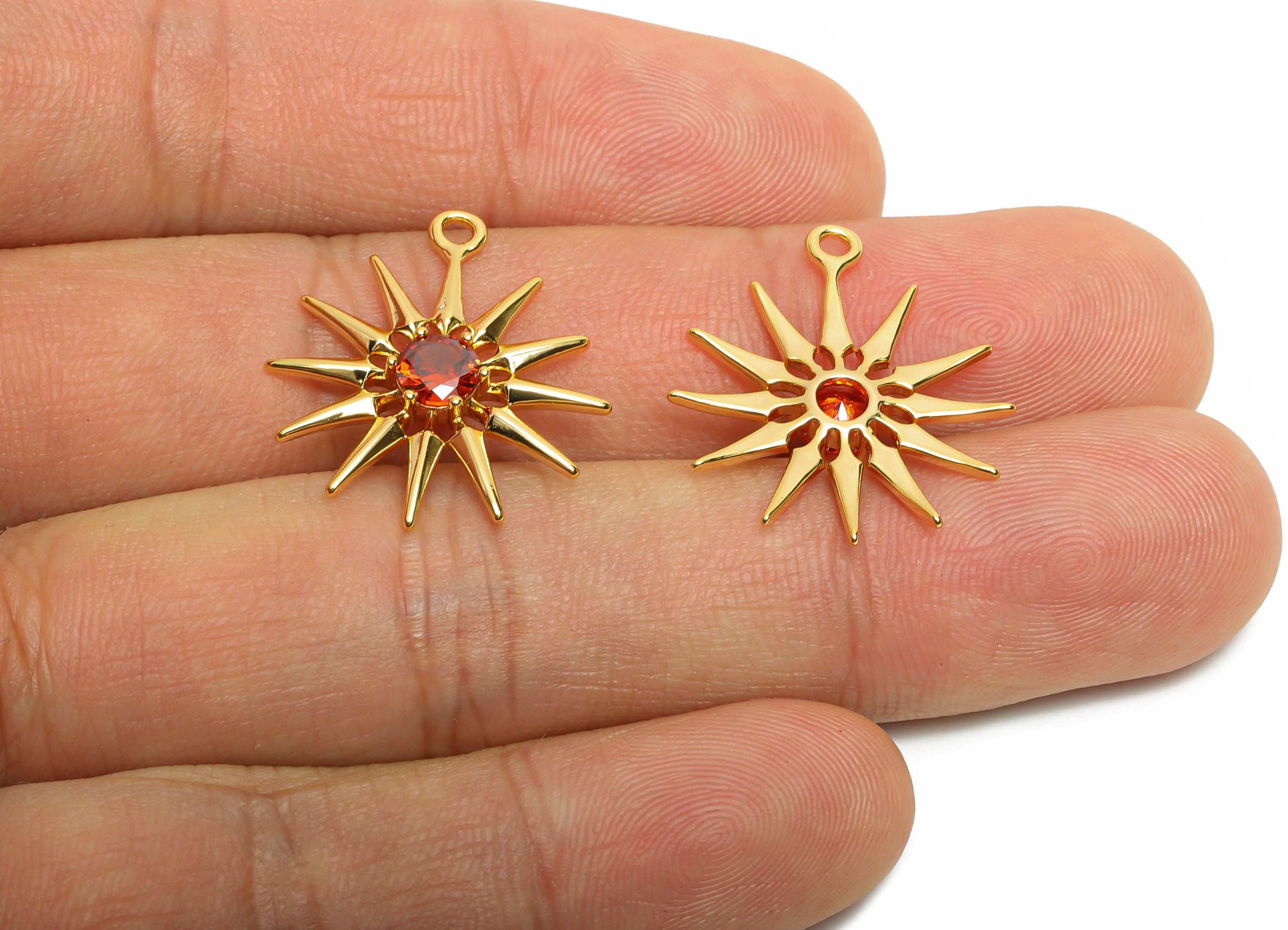Brass Sunburst Crystal Charms - Sparkling Red Celestial Sun Charms - Luxury Gold Jewelry - 18K Real Gold Plated - 23.85x19x3.34mm - RGP10474 - DOMEDBAZAAR