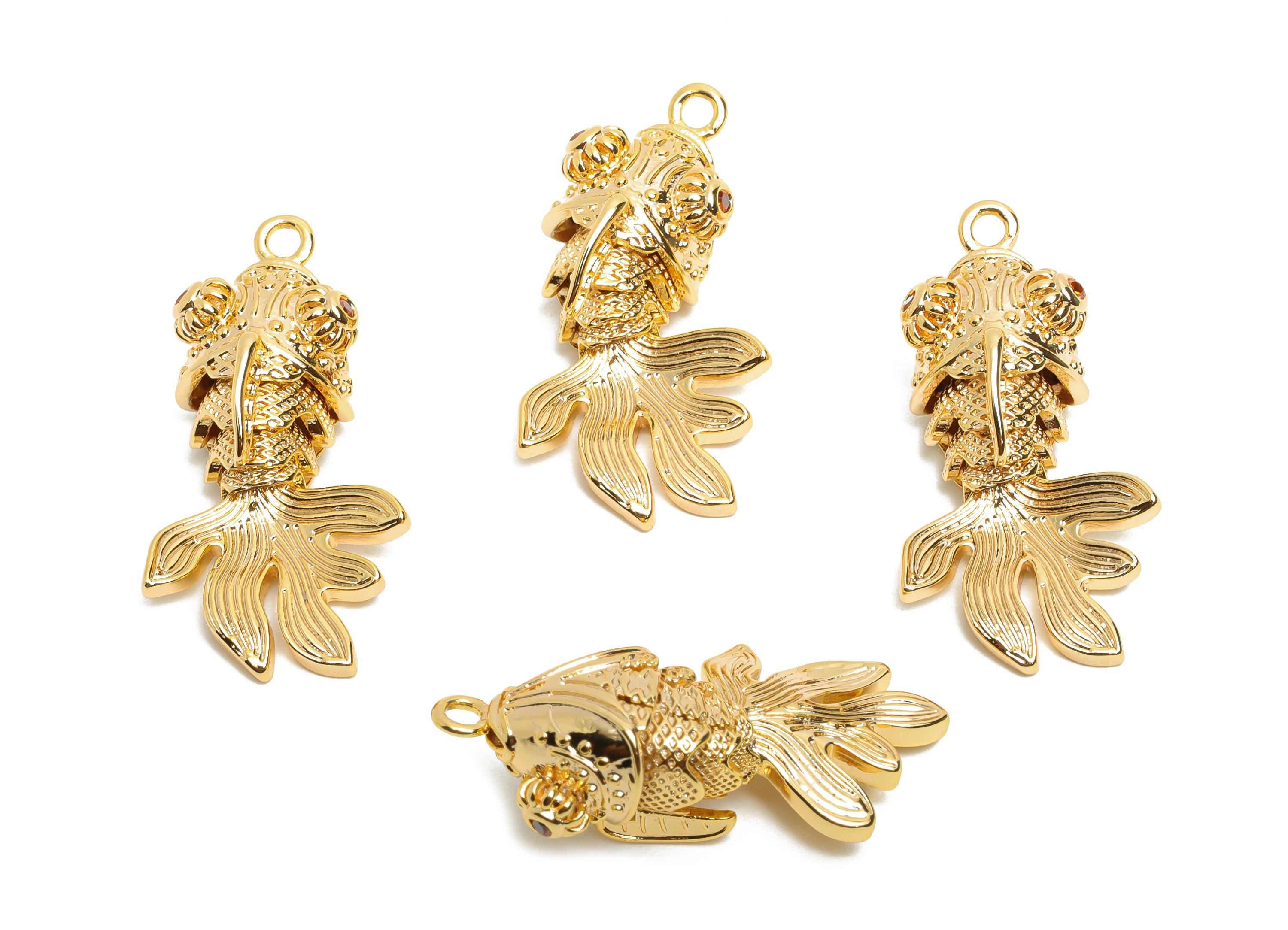 Brass 3D Goldfish Charm - Textured Articulated Marine Pendant - Handmade Movable Fish Jewelry - 18K Gold Plated - 28.38x12x10.85mm -RGP10511 - DOMEDBAZAAR