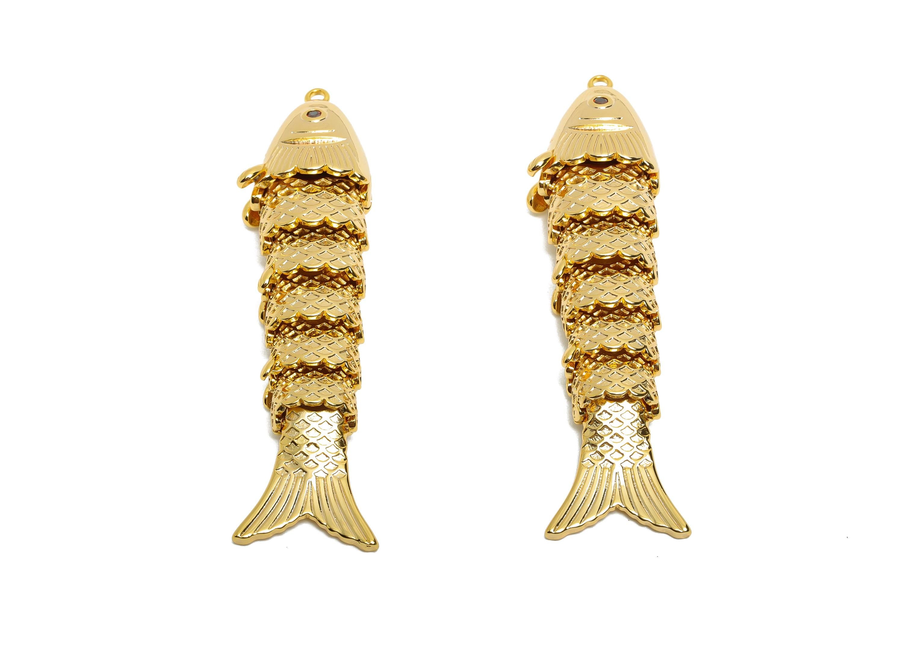 Brass Cloisonne Fish Charm - Unique Movable Fish Pendant - CZ Handmade Articulated Fish - 18K Real Gold Plated - 60.65x15.38x9.7mm -RGP10513 - DOMEDBAZAAR