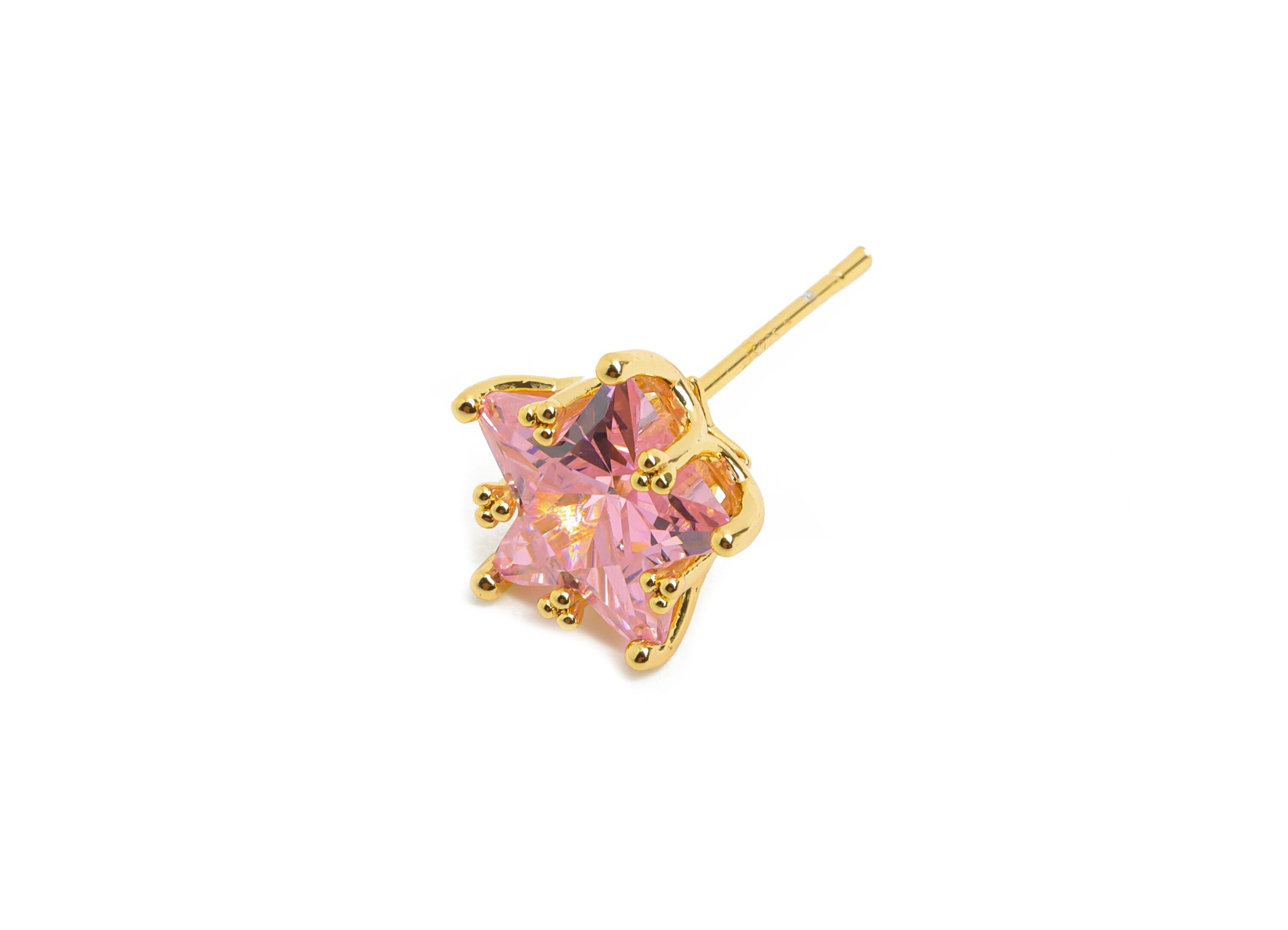 Brass Star Crystal Stud - Dainty Pink Crystal Earring Post - Gold Five-Pointed Star Stud - 18K Real Gold Plated - 11.5x10.9x7.6mm - RGP10480 - DOMEDBAZAAR
