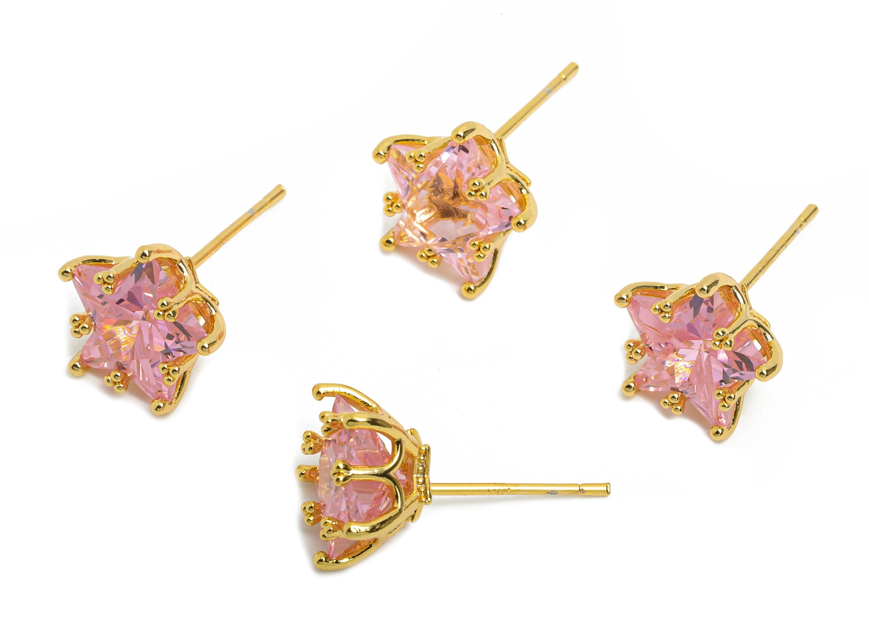 Brass Star Crystal Stud - Dainty Pink Crystal Earring Post - Gold Five-Pointed Star Stud - 18K Real Gold Plated - 11.5x10.9x7.6mm - RGP10480 - DOMEDBAZAAR