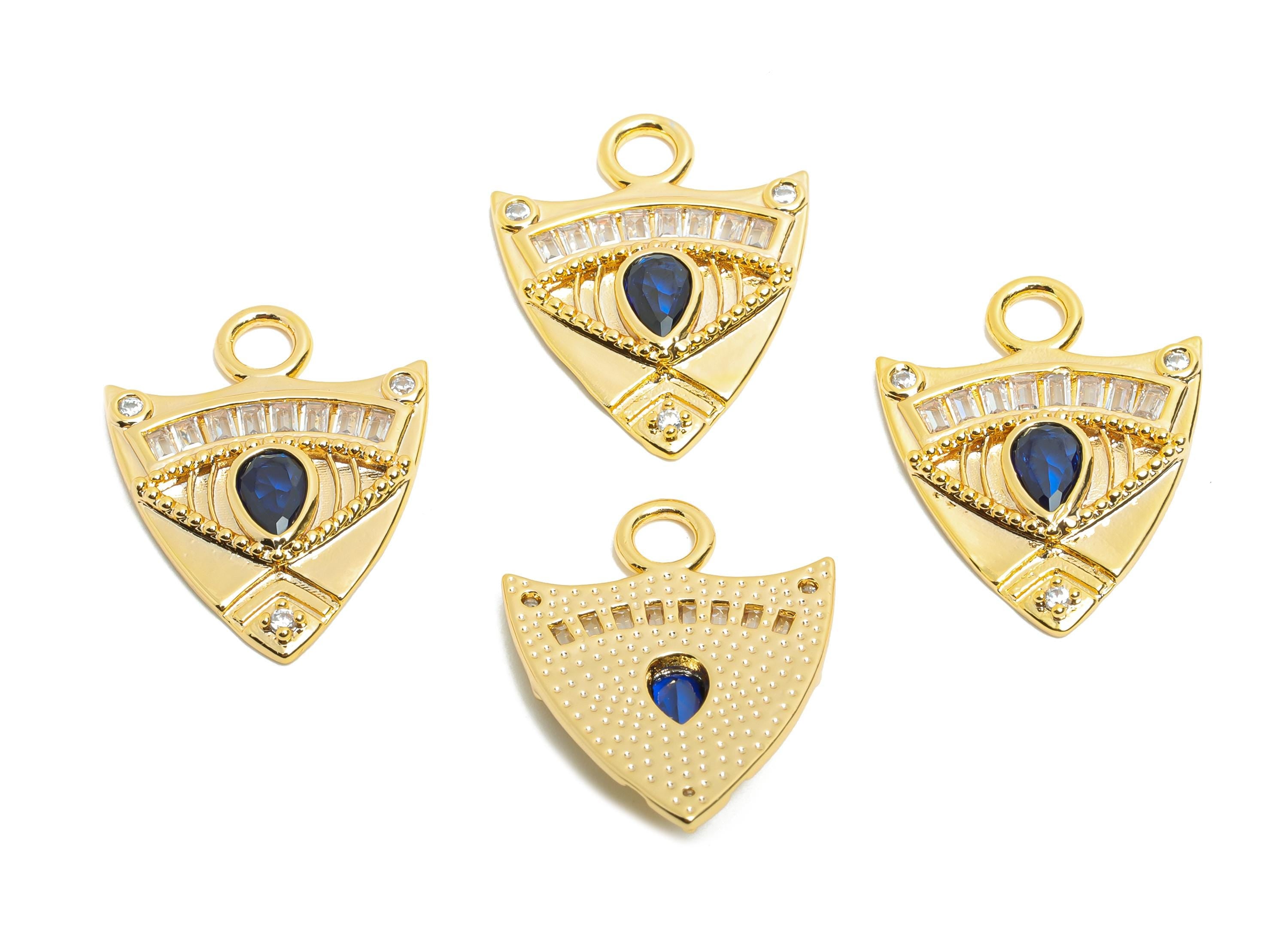 Gold Evil Eye Crystal Charms - Hammered Brass Geometric Charms - Mystical Gold Jewelry - 18K Real Gold Plated - 28.57x18x2.82mm - RGP10478 - DOMEDBAZAAR