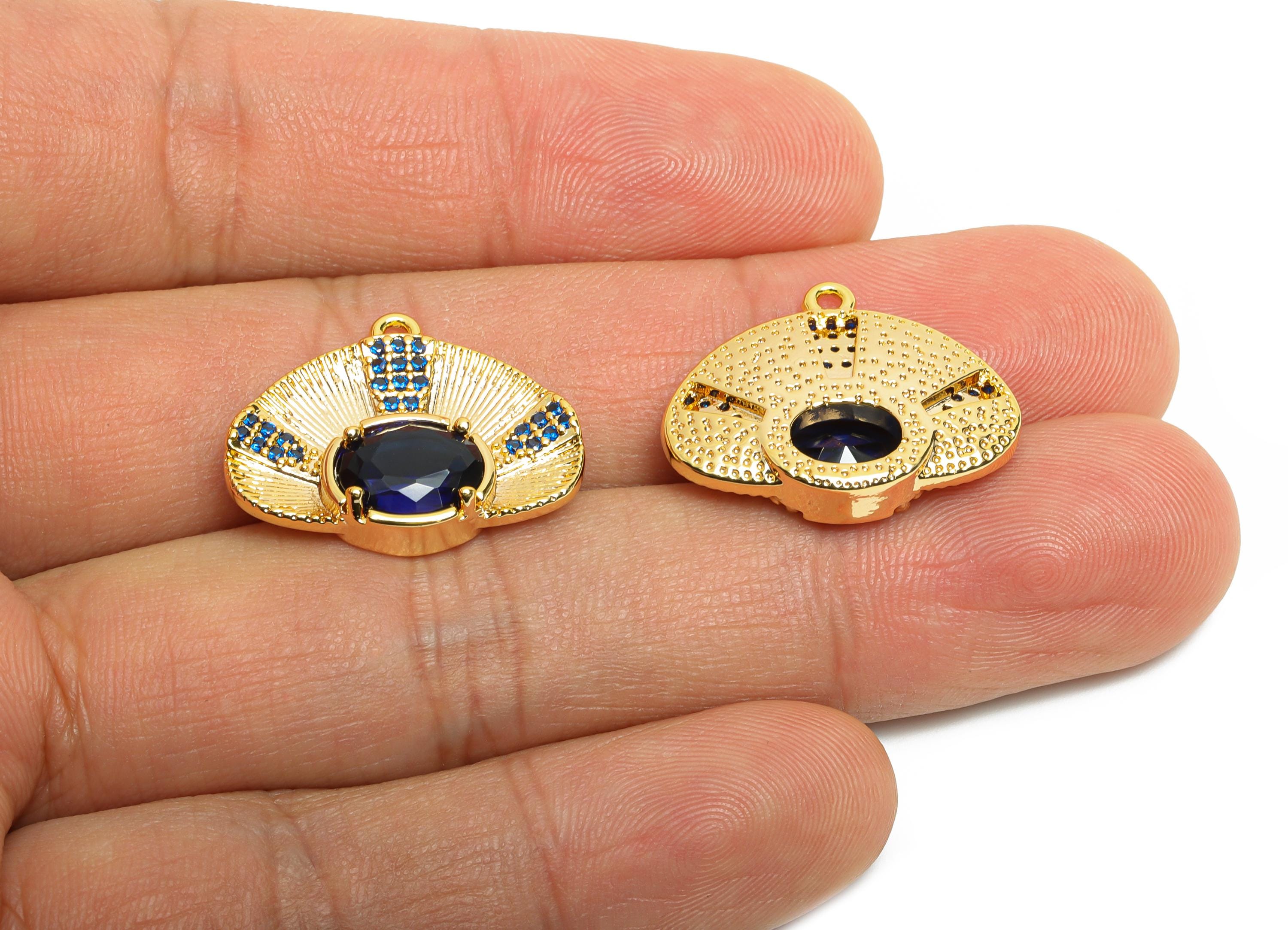 Blue Crystal Fan Pendant - Brass Royal Blue Crystal Charm - Navy Crystal Gold Pendant - 18K Real Gold Plated - 22x17.78x4.92mm- RGP10466 - DOMEDBAZAAR