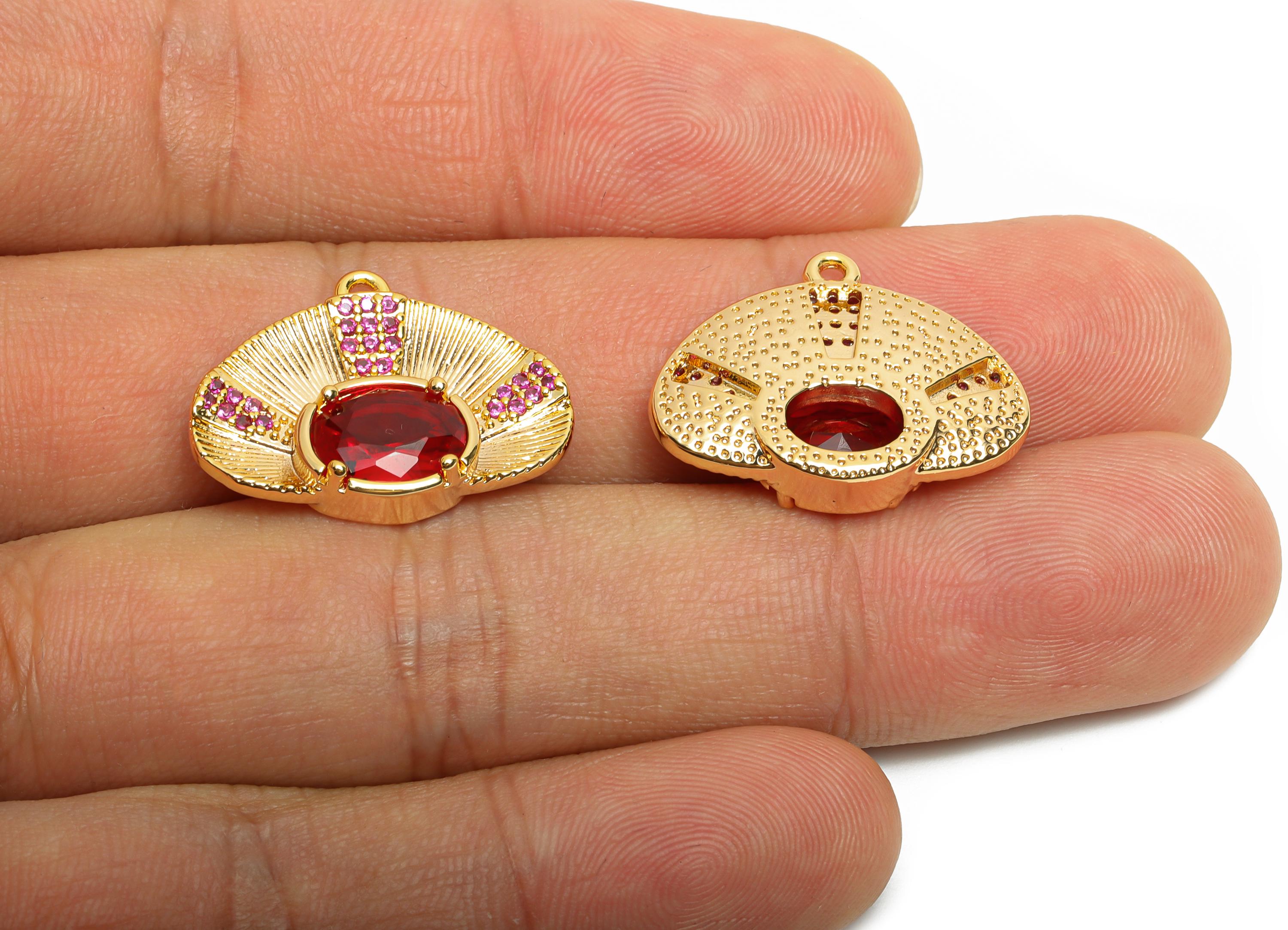 Gold Crystal Fan Pendant - Brass Sparking Crystal Charm - Dainty Crystal Gold Pendant - 18K Real Gold Plated - 22x17.78x4.92mm- RGP10467 - DOMEDBAZAAR