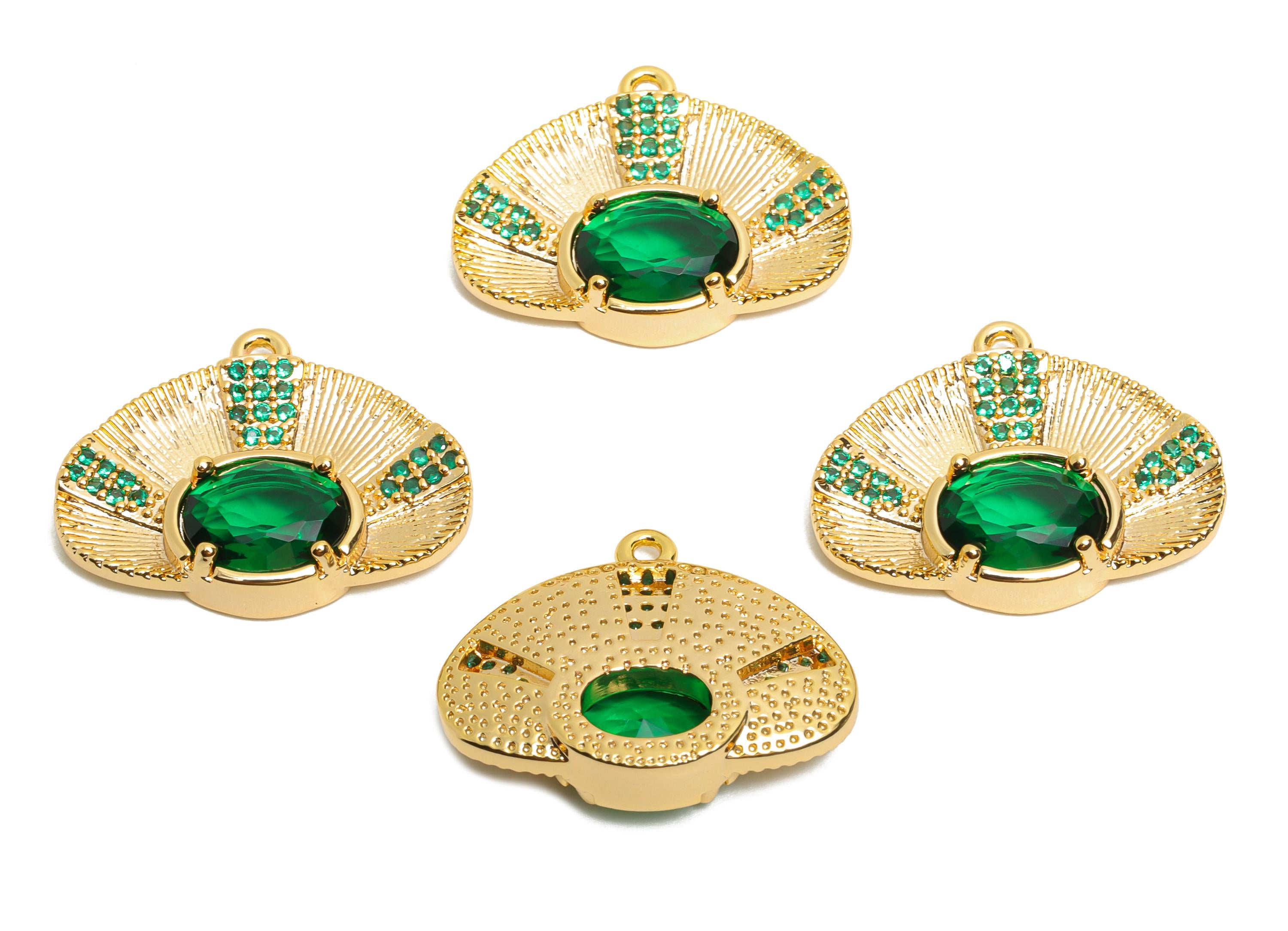 Gold Crystal Fan Pendant - Brass Sparking Crystal Charm - Dainty Crystal Gold Pendant - 18K Real Gold Plated - 22x17.78x4.92mm- RGP10468 - DOMEDBAZAAR