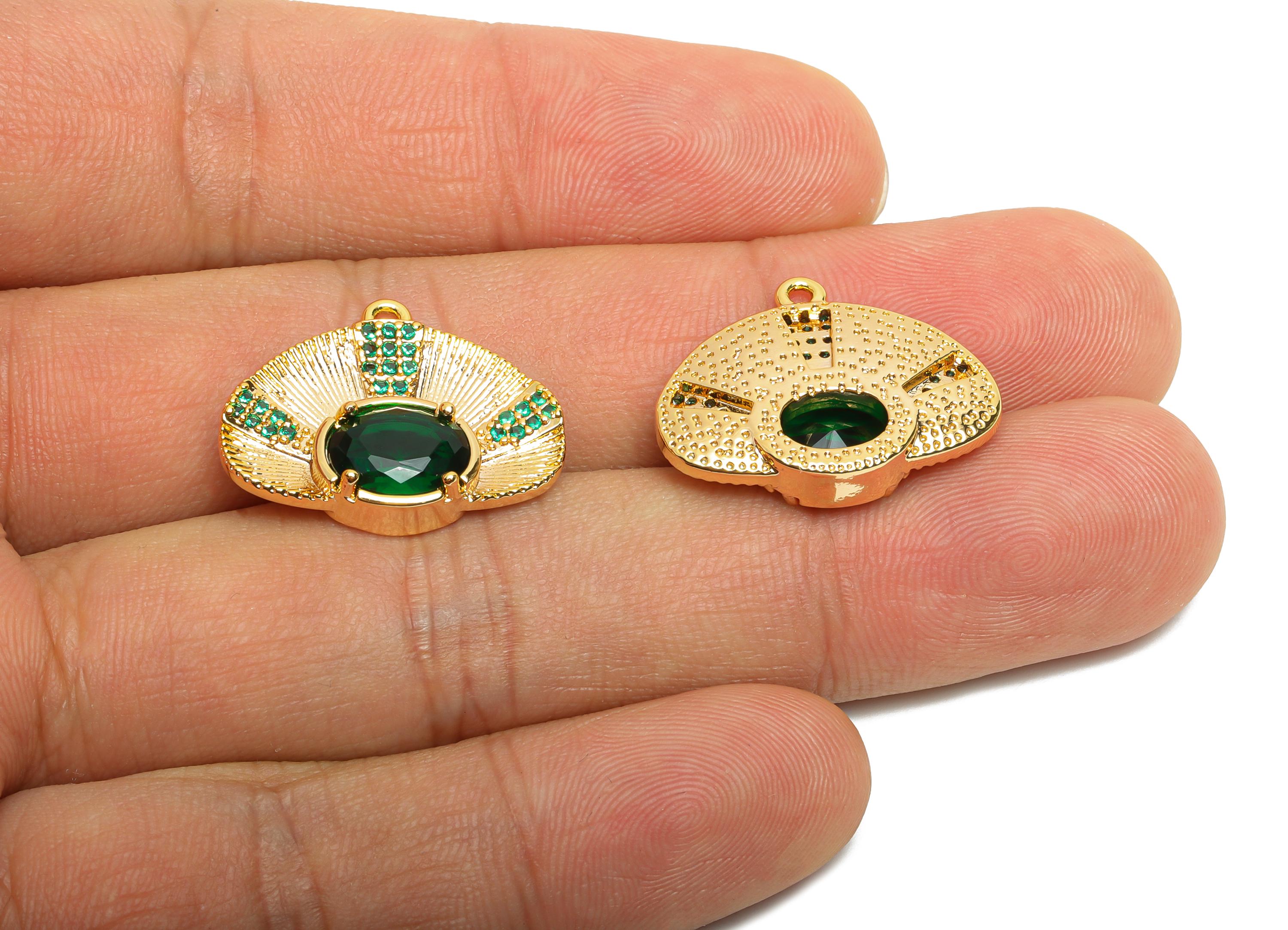 Gold Crystal Fan Pendant - Brass Sparking Crystal Charm - Dainty Crystal Gold Pendant - 18K Real Gold Plated - 22x17.78x4.92mm- RGP10468 - DOMEDBAZAAR