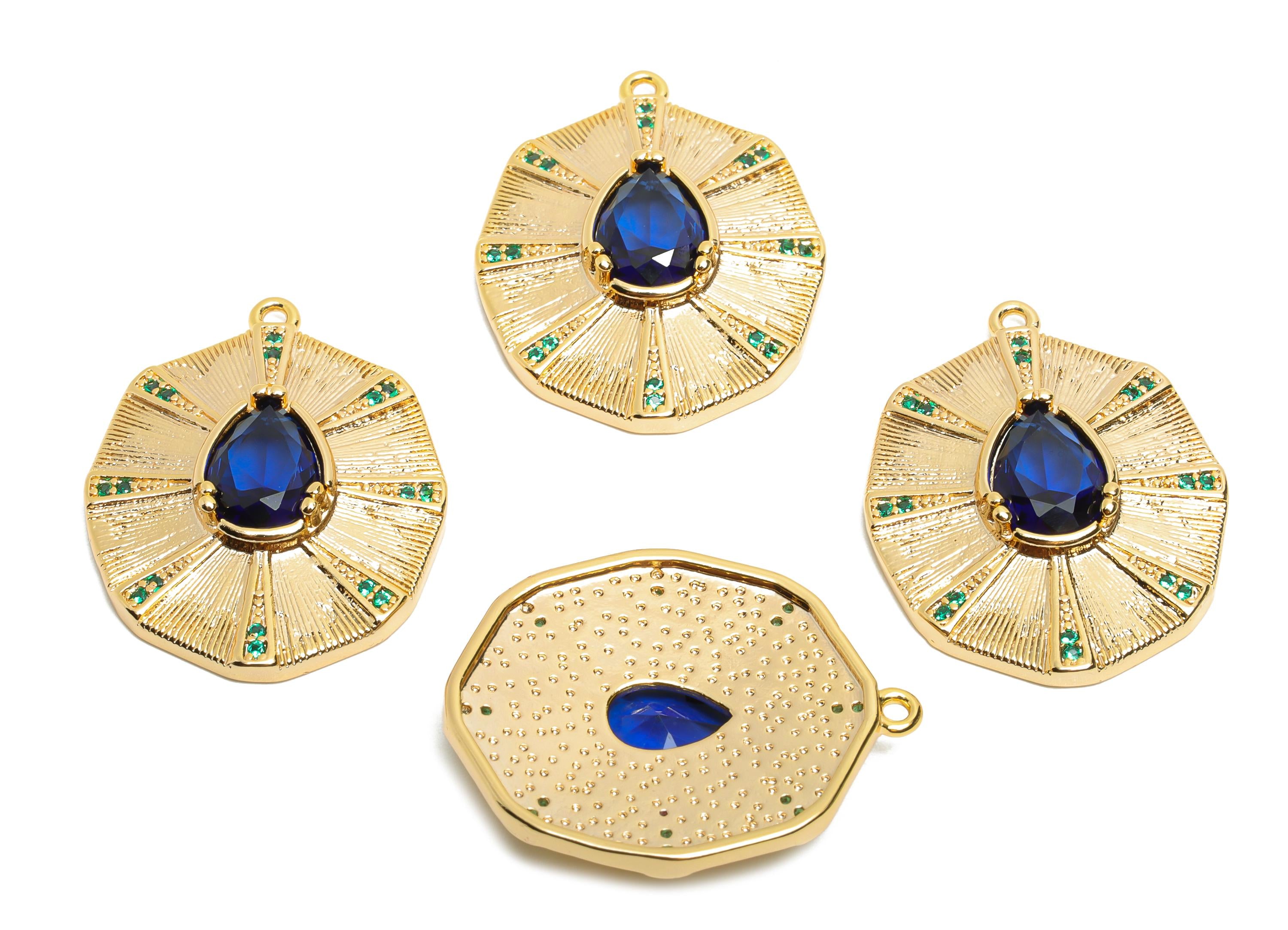 Brass Geometric Crystal Charms - Vintage Sunburst Pendant - Textured Artistic Jewelry - 18K Real Gold Plated - 28.7x22.73x5.2mm - RGP10508 - DOMEDBAZAAR