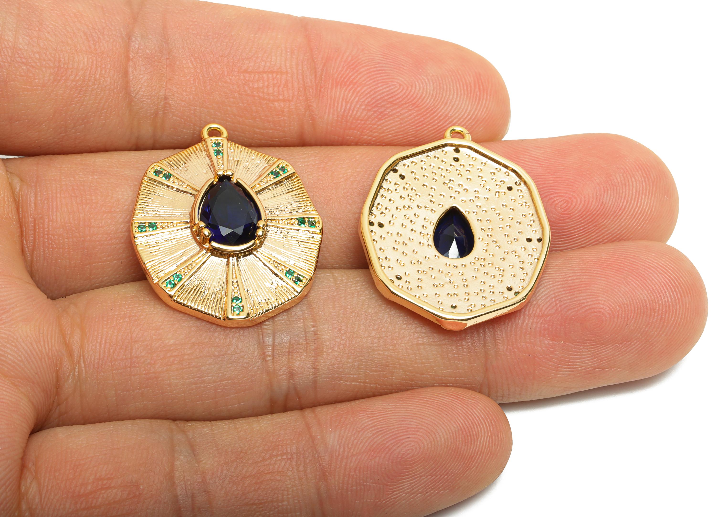 Brass Geometric Crystal Charms - Vintage Sunburst Pendant - Textured Artistic Jewelry - 18K Real Gold Plated - 28.7x22.73x5.2mm - RGP10508 - DOMEDBAZAAR
