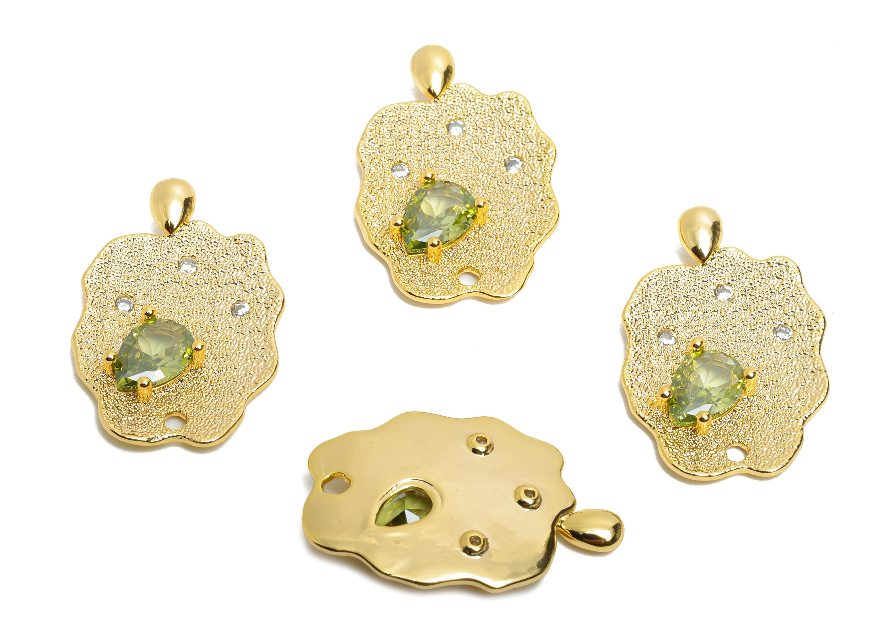 Green Teardrop Pendant - Brass Sparking Crystal Charm - Modern Irregular Gold Pendant - 18K Real Gold Plated - 22.8x15.2x3.2mm - RGP10492 - DOMEDBAZAAR