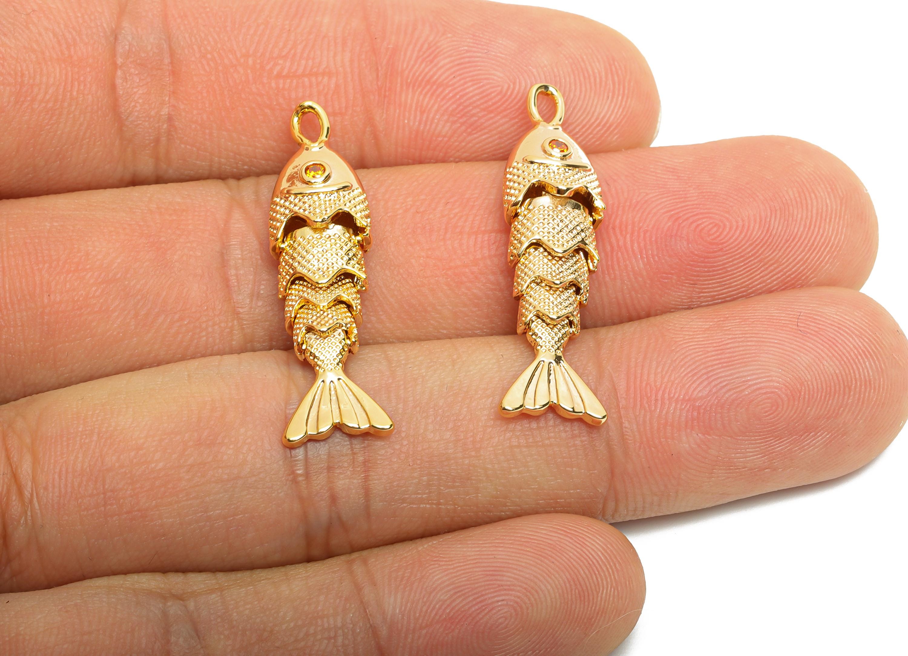 Movable 3D Articulated Fish Charm - Brass Textured Cubic Zircon Flexible Marine Pendant - 18K Real Gold Plated - 32.91x8x6mm - RGP10522 - DOMEDBAZAAR