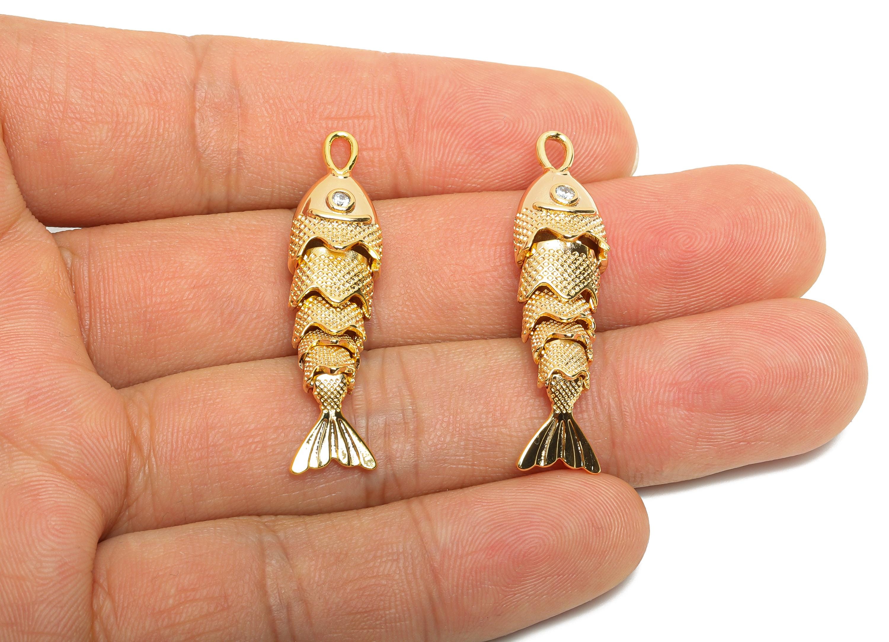 Movable 3D Articulated Fish Charm - Brass Textured Cubic Zircon Flexible Marine Pendant - 18K Real Gold Plated - 40x9.7x7.31mm - RGP10523 - DOMEDBAZAAR