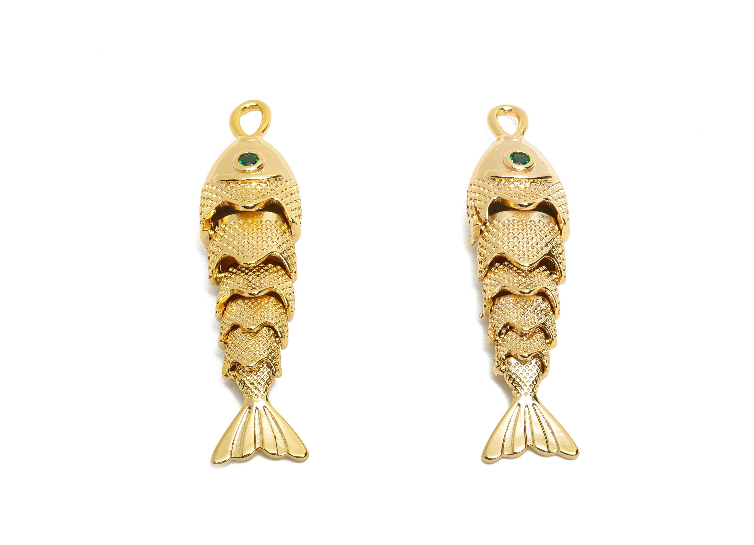 Movable 3D Articulated Fish Charm - Brass Textured Cubic Zircon Flexible Marine Pendant - 18K Real Gold Plated - 40x9.7x7.31mm - RGP10524 - DOMEDBAZAAR