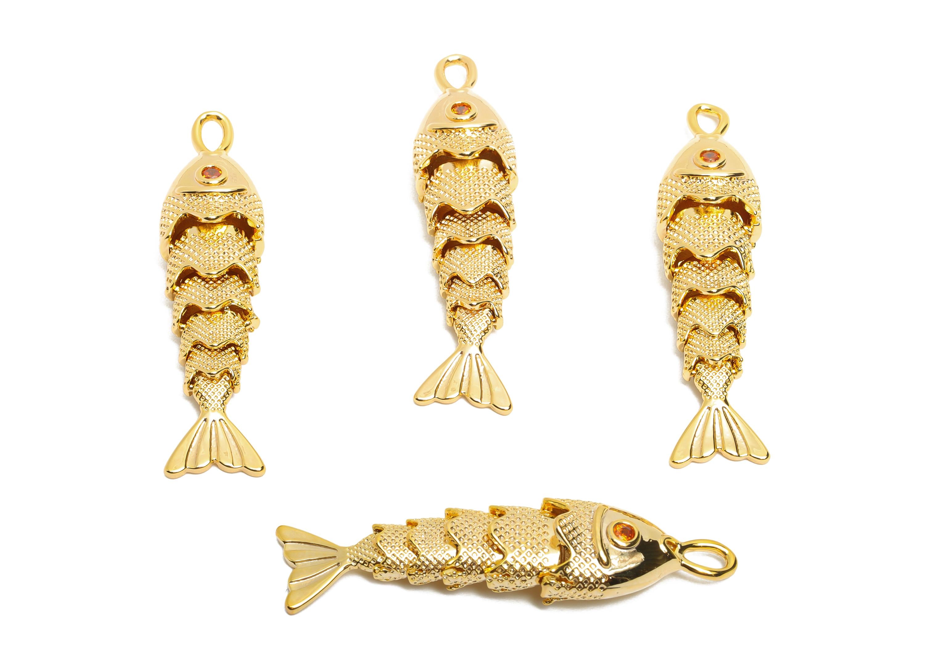 Brass Cloisonne Fish Charm - Zircon Unique Movable Fish Pendant - 3D Handmade Articulated Fish - 18K Real Gold Plated -40x9x7mm -RGP10525 - DOMEDBAZAAR