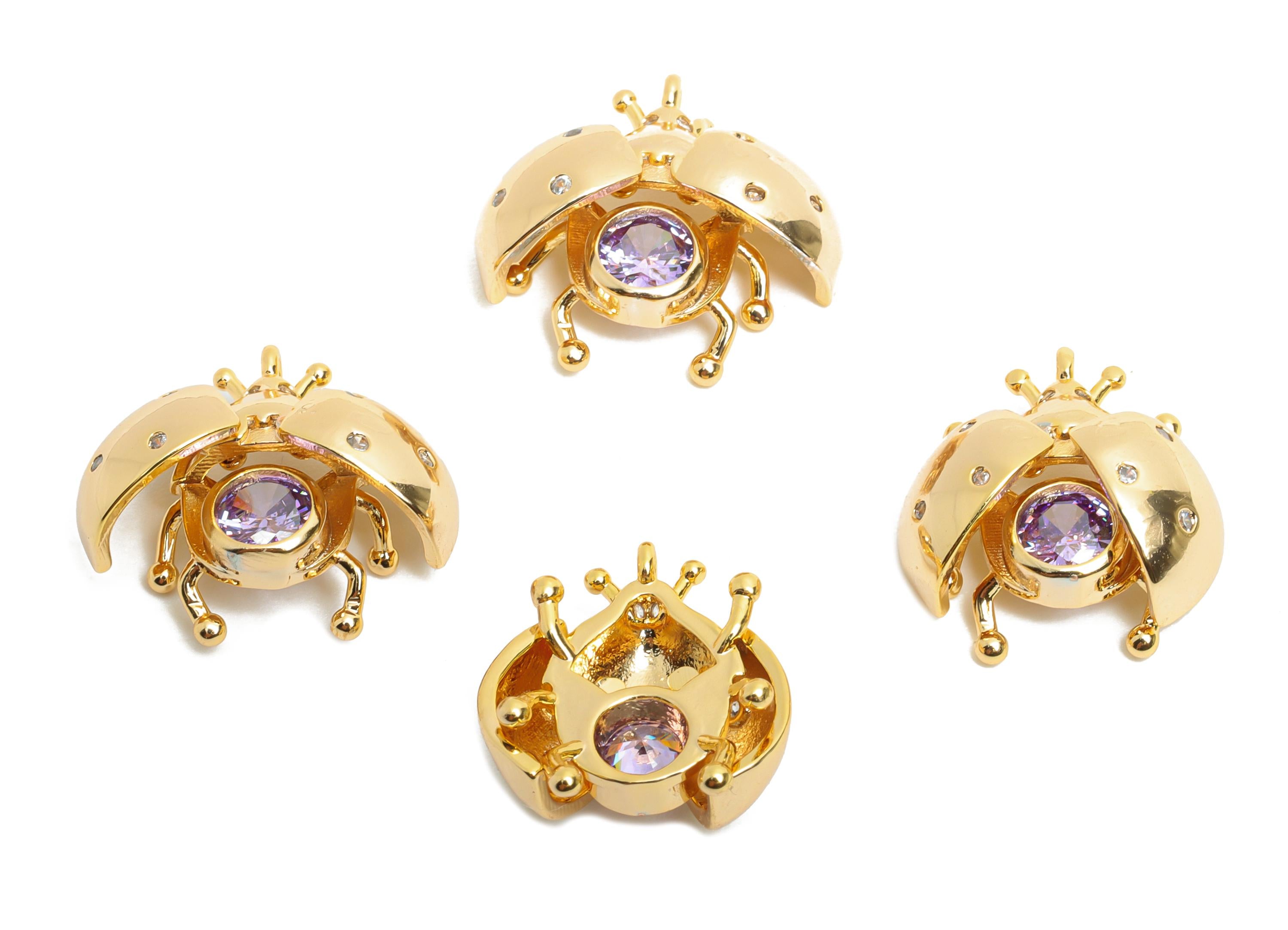 Gold Beetle Charm - Brass Openable Beetle Pendant - Zircon Sparking Purple Ladybug Pendant - 18K Real Gold Plated - 14x12x6mm-RGP10502 - DOMEDBAZAAR