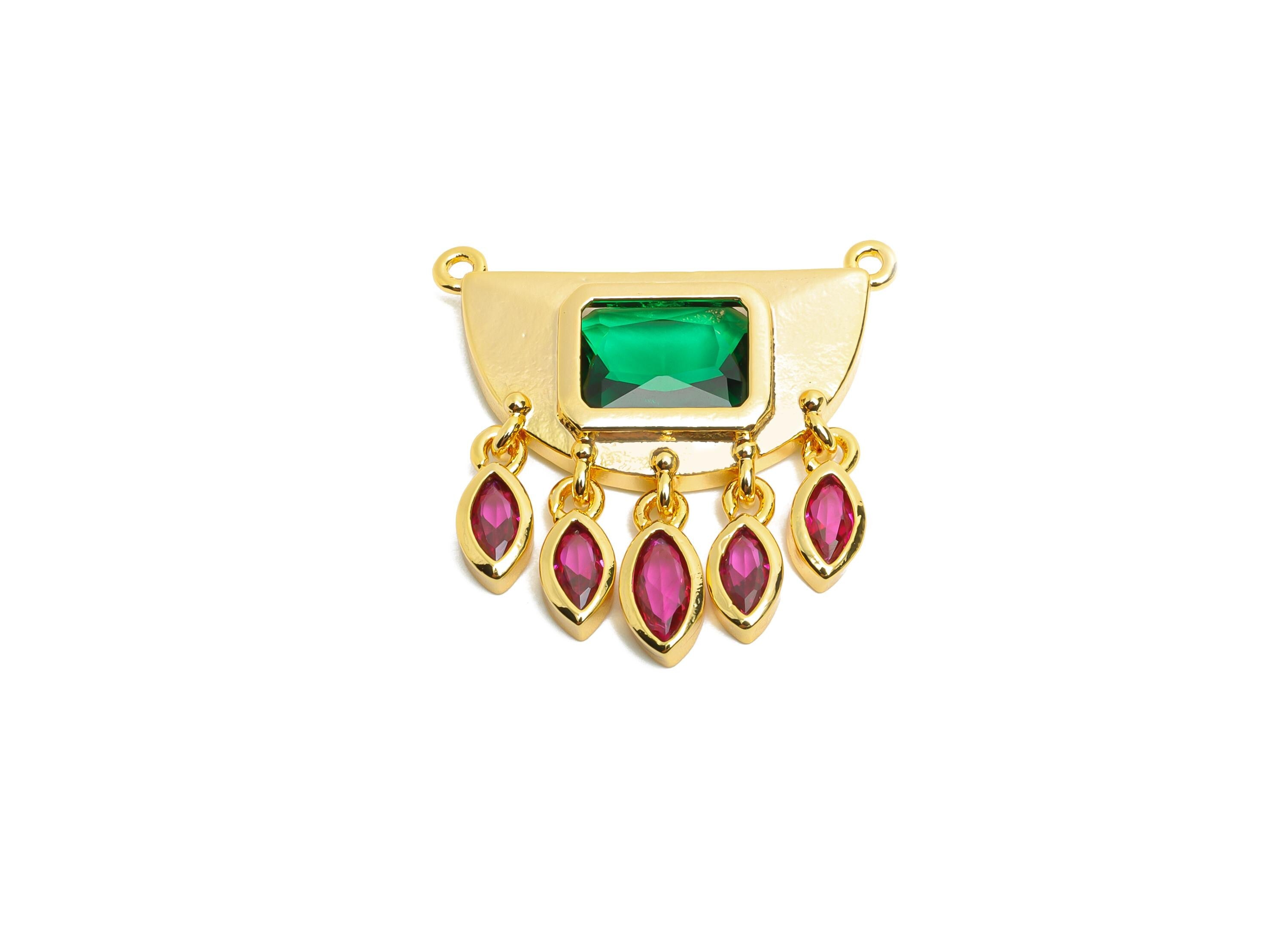 Brass Geometric Crystal Charms - Dangling Green and Pink Charm - Fashionable Drop Charm - 18K Real Gold Plated - 22x22x3.09mm - RGP10465 - DOMEDBAZAAR