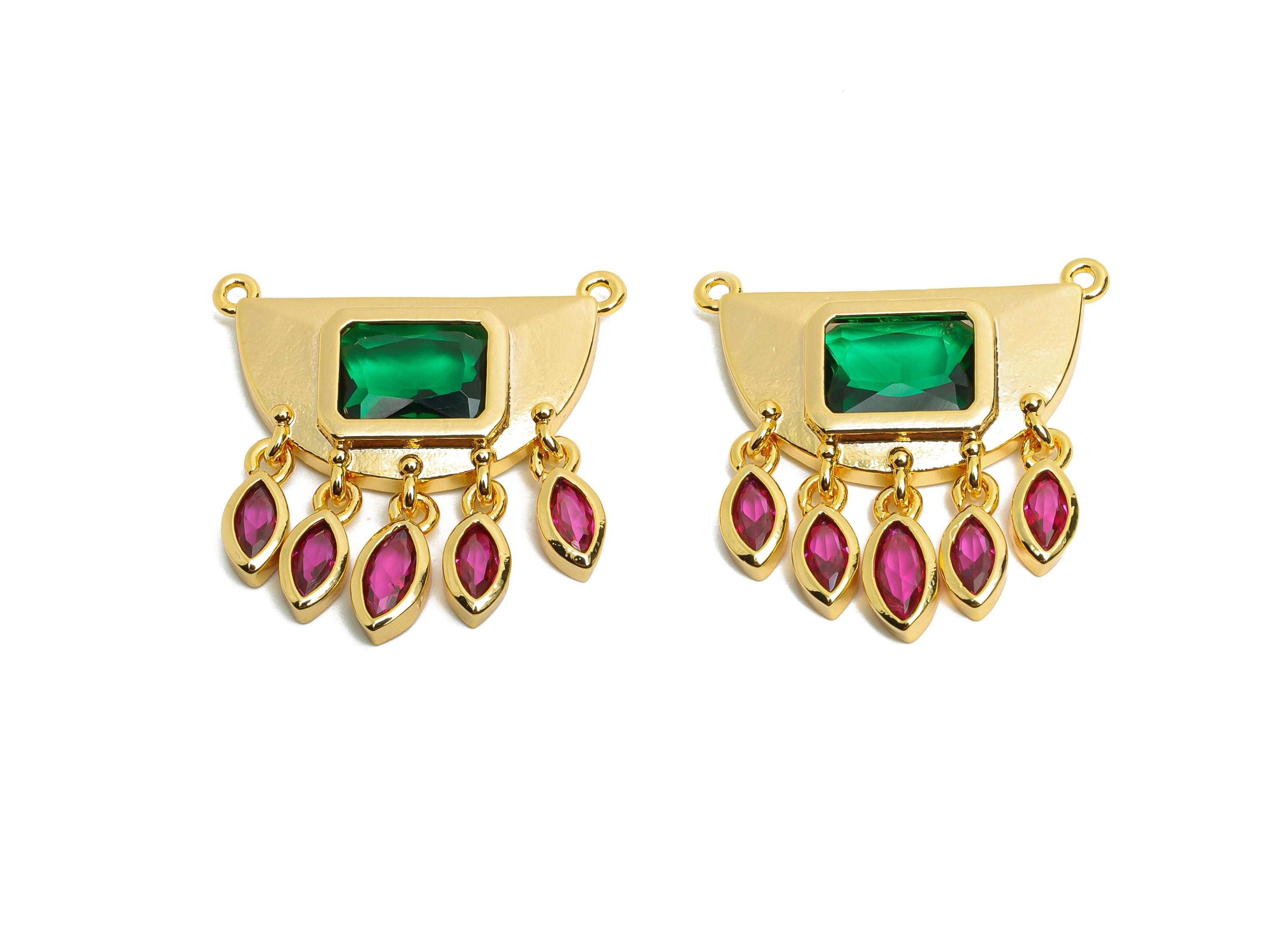 Brass Geometric Crystal Charms - Dangling Green and Pink Charm - Fashionable Drop Charm - 18K Real Gold Plated - 22x22x3.09mm - RGP10465 - DOMEDBAZAAR