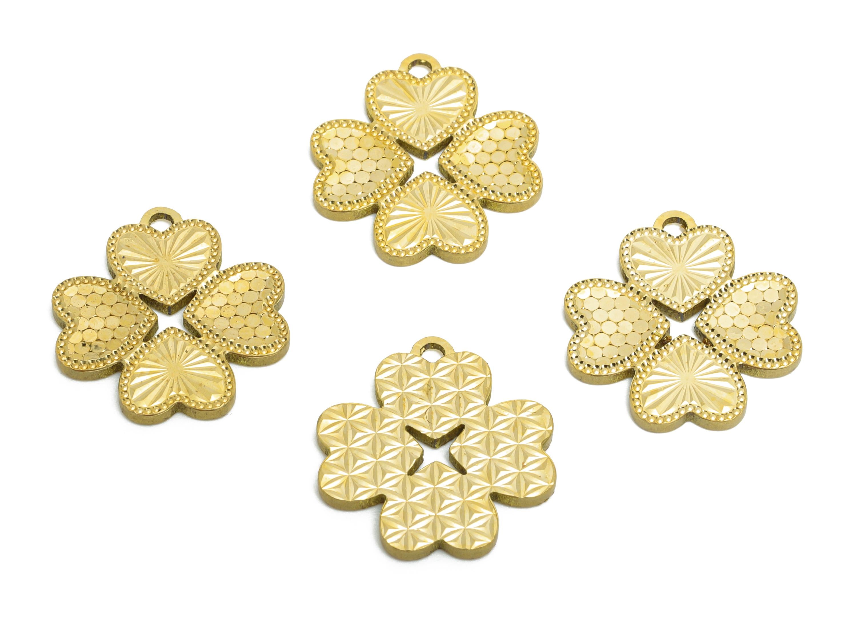 Four-Leaf Clover Earring Charm - Raw Brass Textured Laser Cut Heart Charm - Good luck Jewelry - Luxury Pendant - 15x14x1.25mm - PP11150 - DOMEDBAZAAR