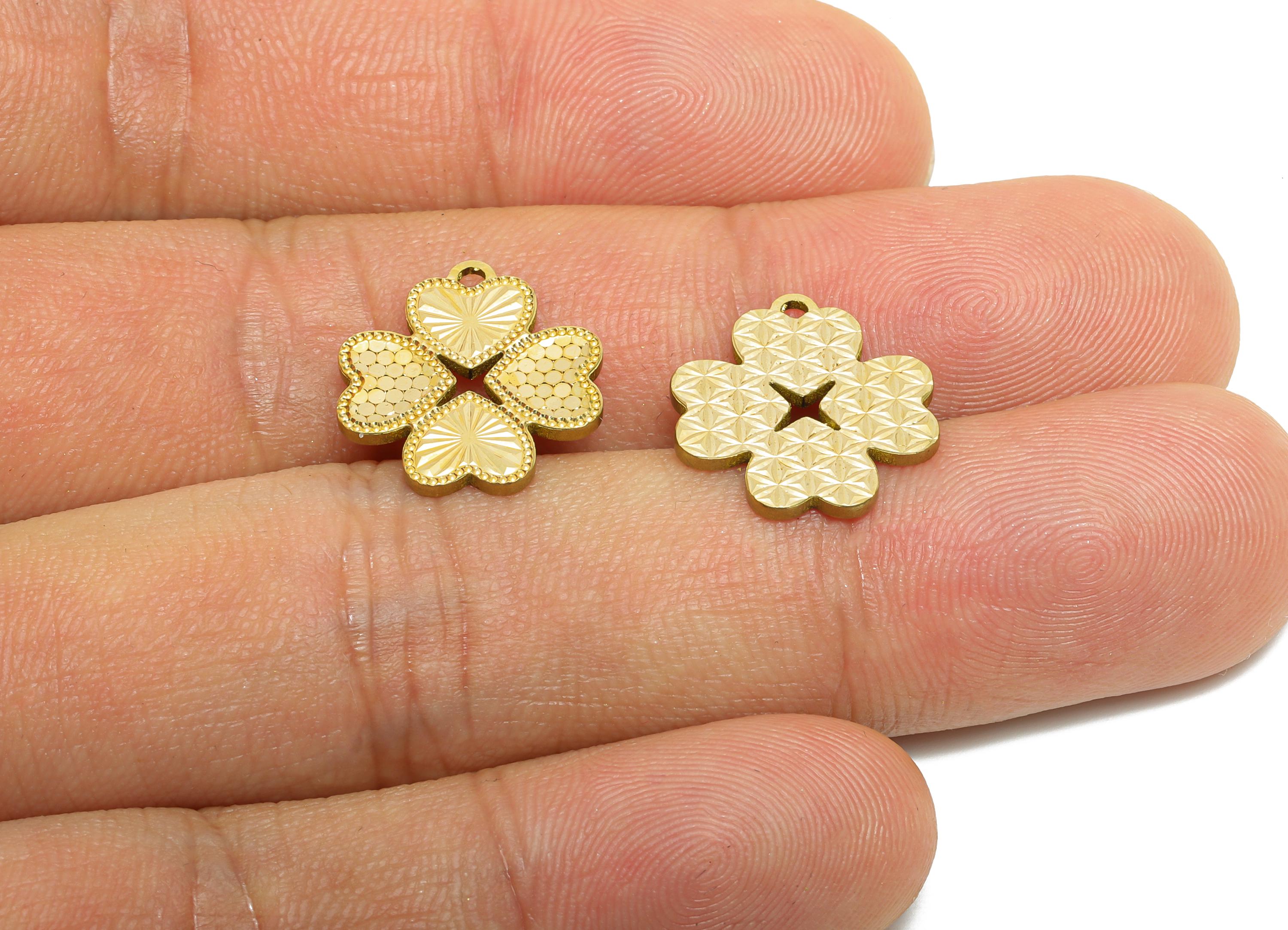 Four-Leaf Clover Earring Charm - Raw Brass Textured Laser Cut Heart Charm - Good luck Jewelry - Luxury Pendant - 15x14x1.25mm - PP11150 - DOMEDBAZAAR