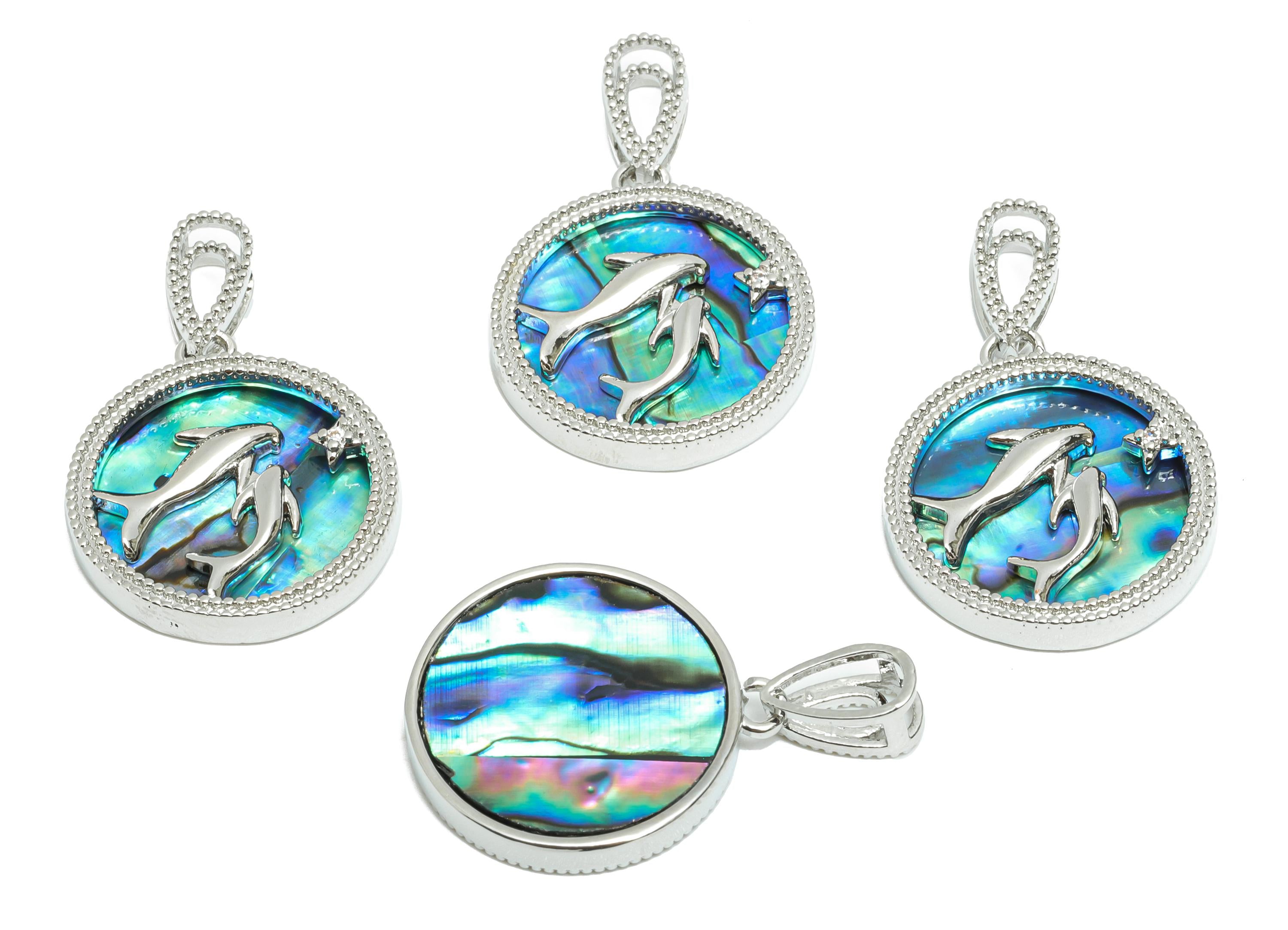 Brass CZ Dolphin Pendant - Round Abalone Shell Pendant - Refined Necklace Jewelry - 18K White Gold-Plated - 25.52x16.77x2.82mm - RGP10639 - DOMEDBAZAAR