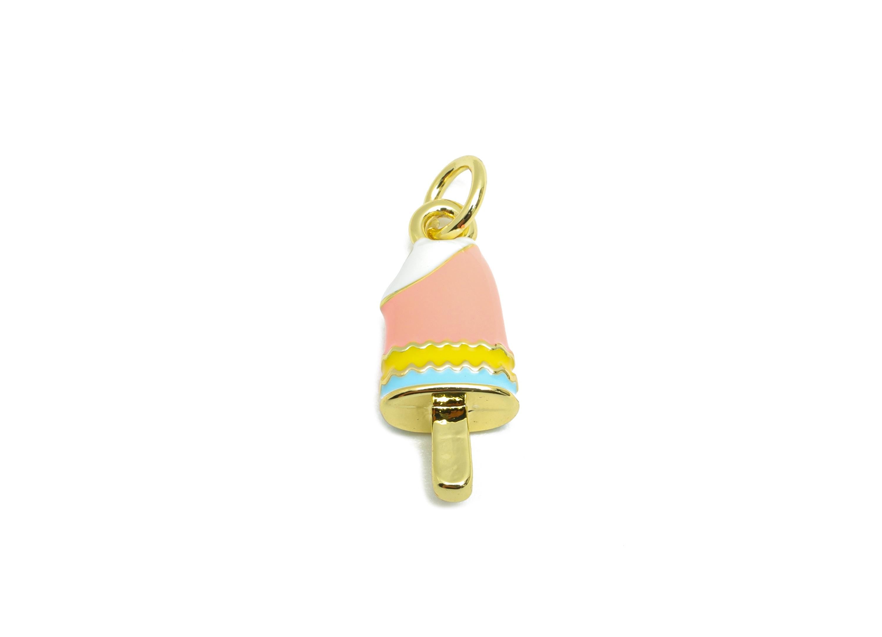 Brass Ice Cream Bracelet Charm - Colorful Enamel Popsicle Pendant - Fun Summer Jewelry - 18K Real Gold-Plated - 16.6x7.47x4.47mm -RGP10535 - DOMEDBAZAAR