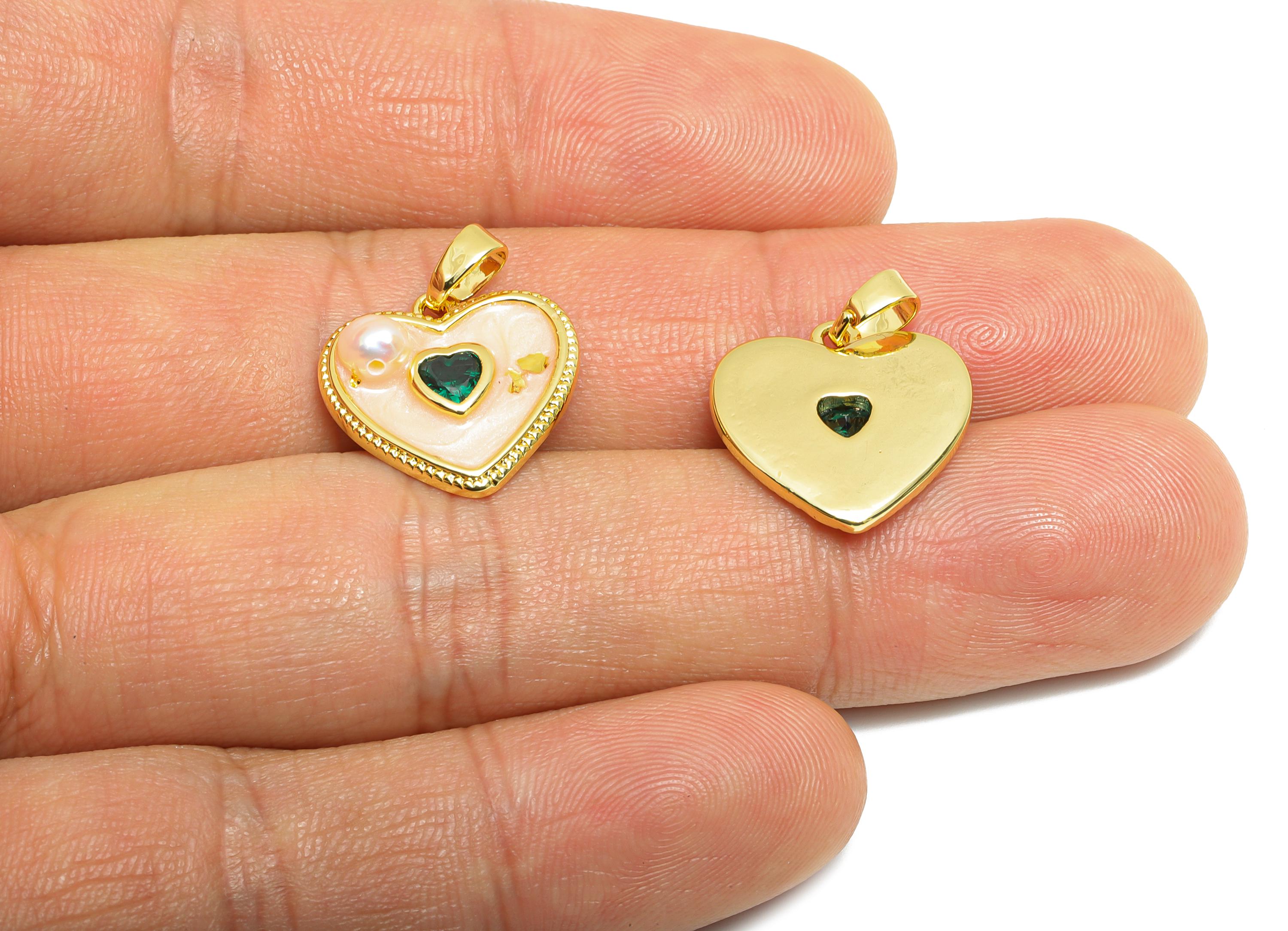 Pearl Heart Pendant - Brass Enamel Dainty with Pearl Charm - Classic Pearl CZ Heart Charm - 18K Real Gold Plated - 18x16.4x4.5mm - RGP10690 - DOMEDBAZAAR