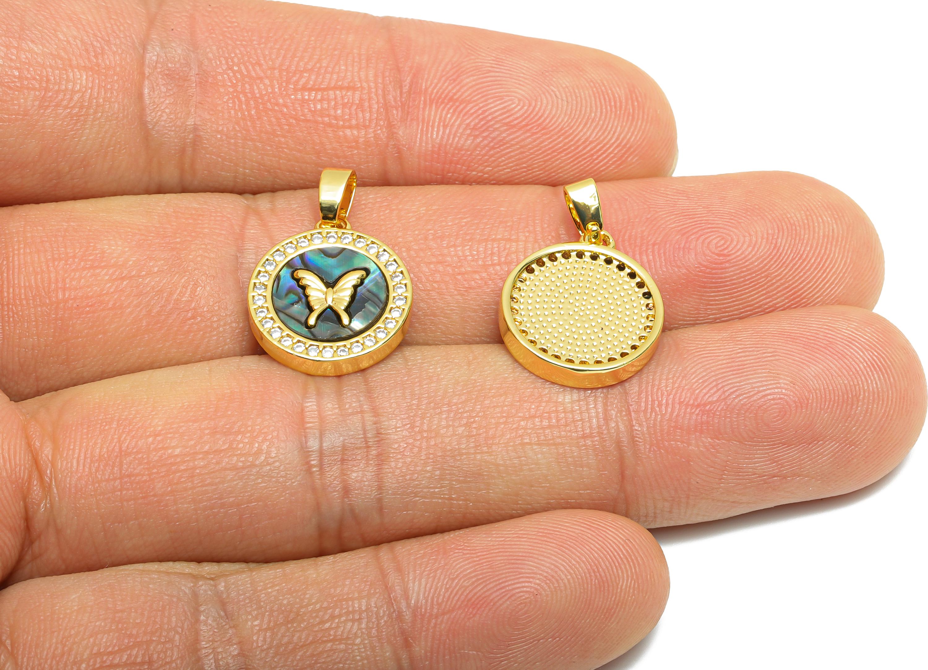 Brass Butterfly Pendant - Brass Abalone Shell Pendant - Luxe Shell Cubic Zircon Pendant - 18K Real Gold Plated - 16.18x14x3mm - RGP10660 - DOMEDBAZAAR