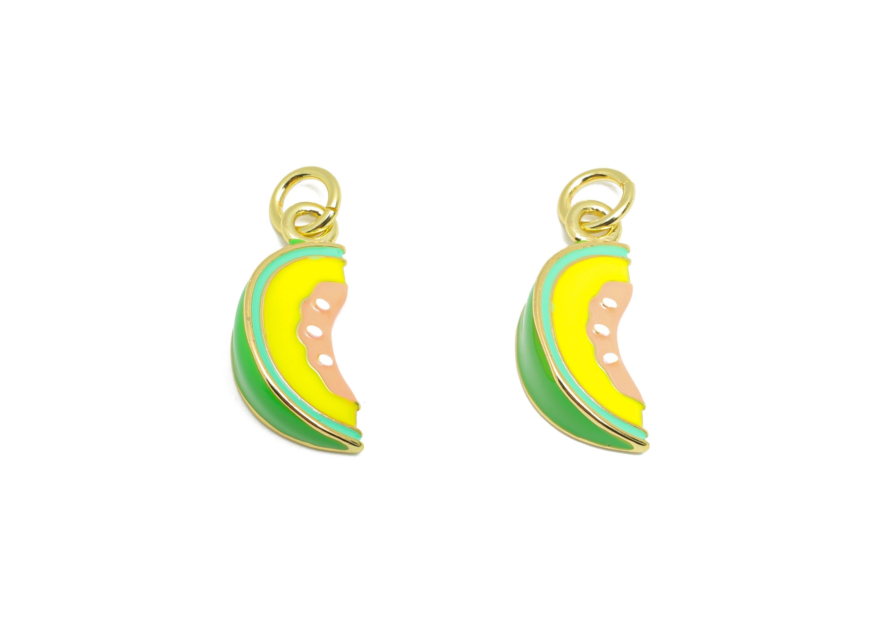 Brass Watermelon Earring Charm - Colorful Enamel Charm for Bracelet - Summer Cute Jewelry - 18K Real Gold-Plated - 18x7x4.81mm - RGP10541 - DOMEDBAZAAR