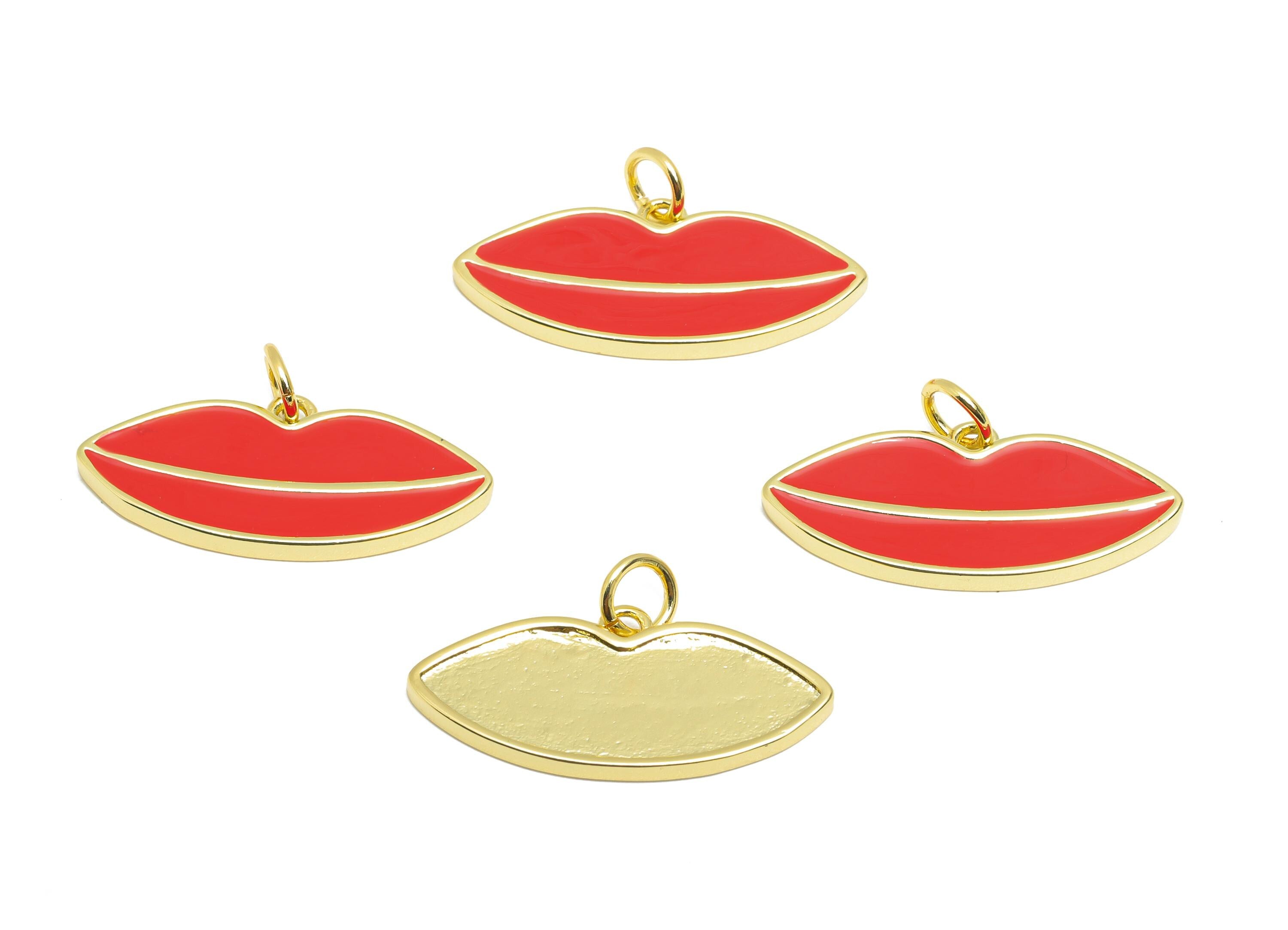 Brass Red Lips Bracelet Charm - Statement Enamel Kiss Charm - Lip Jewelry Accessories - 18K Real Gold-Plated - 24.16x10.86x1.81mm - RGP10546 - DOMEDBAZAAR