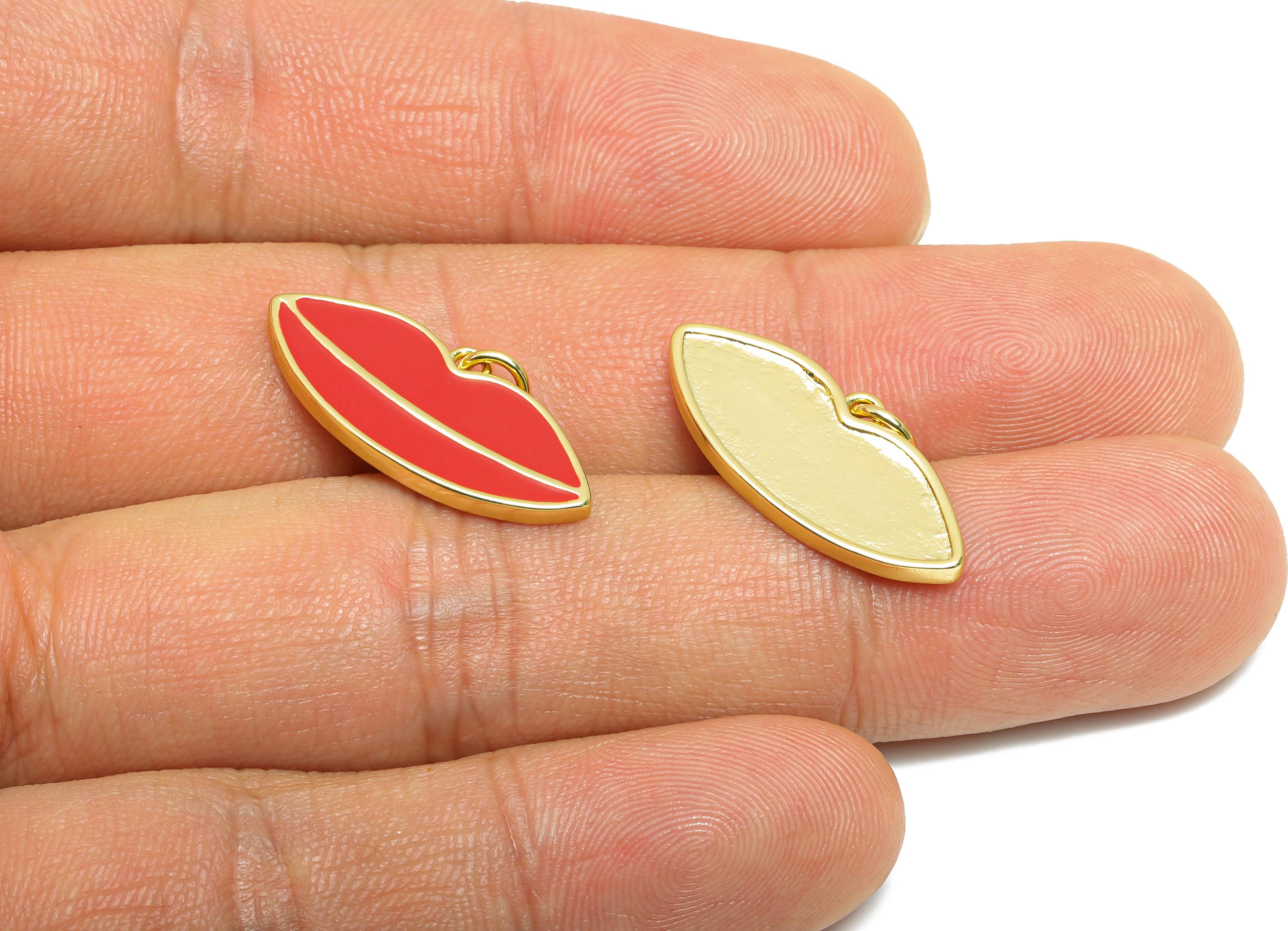 Brass Red Lips Bracelet Charm - Statement Enamel Kiss Charm - Lip Jewelry Accessories - 18K Real Gold-Plated - 24.16x10.86x1.81mm - RGP10546 - DOMEDBAZAAR