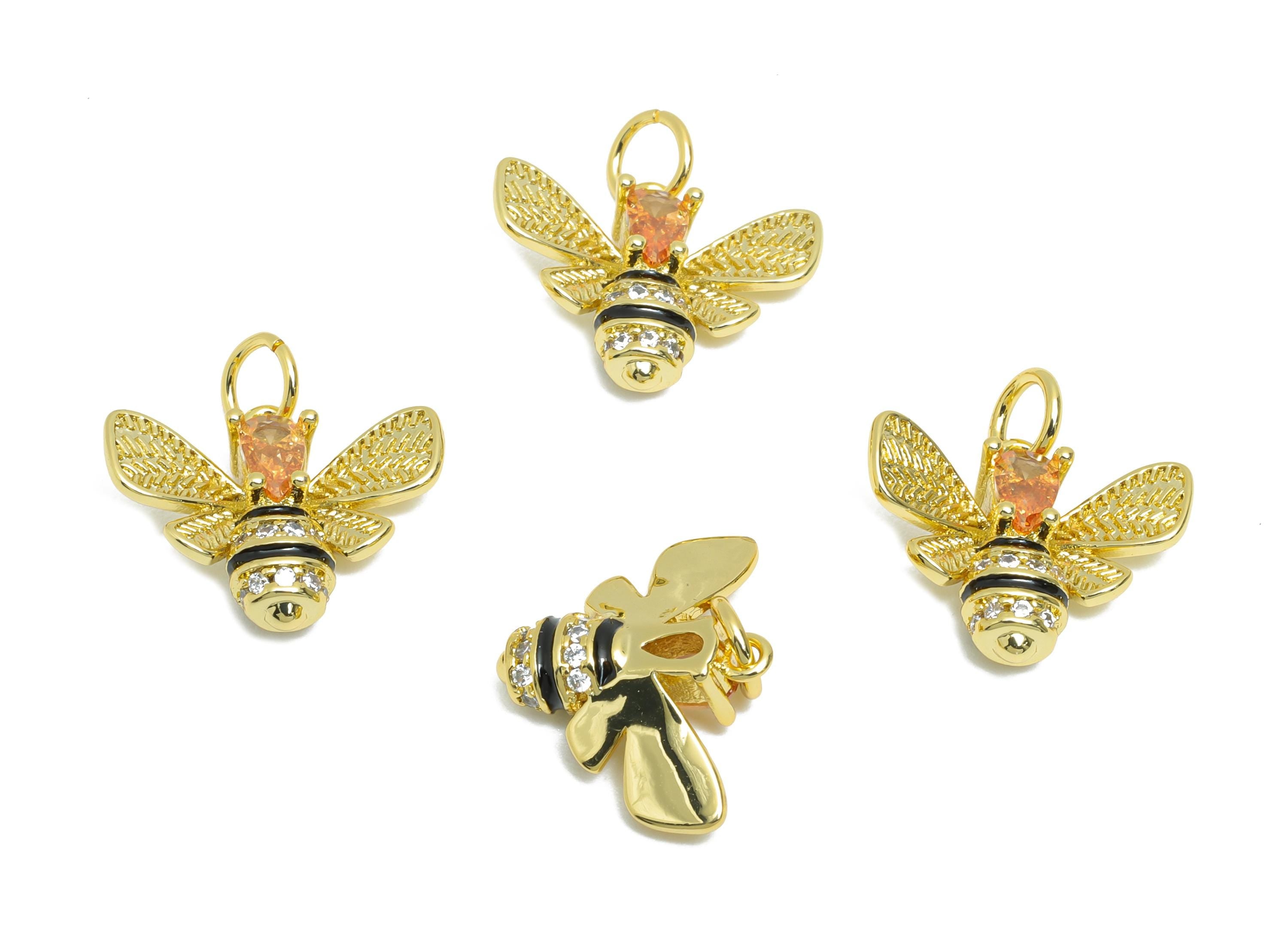 Brass Bee CZ Pendant - Brass Dainty Enamel Cubic Zircon - CZ Teardrop Bee Earring Pendant - 18K Real Gold Plated - 11x15.63x4mm - RGP10591 - DOMEDBAZAAR