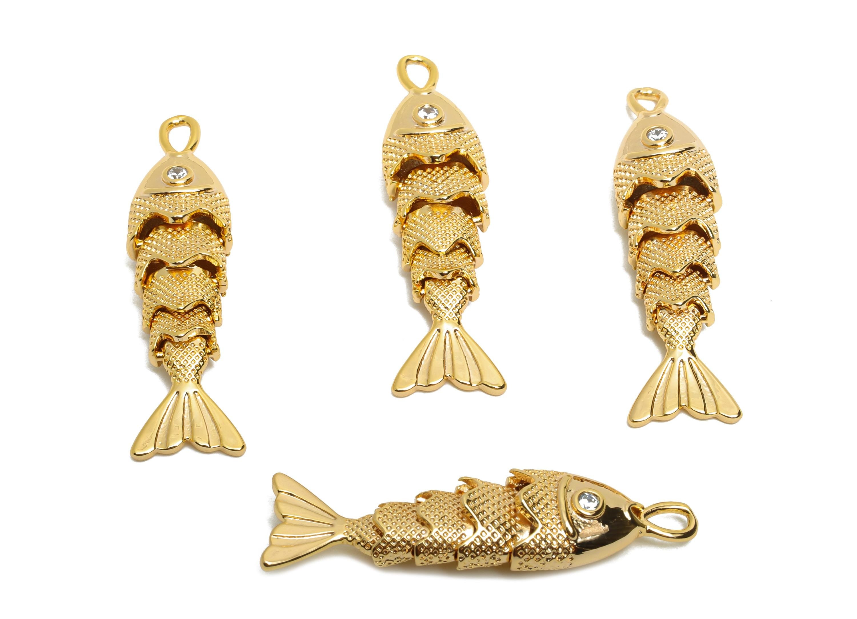 Movable 3D Articulated Fish Charms - Brass Textured Cubic Zircon Flexible Marine Pendant - 18K Real Gold Plated - 32.9x8.54x6mm - RGP10520 - DOMEDBAZAAR
